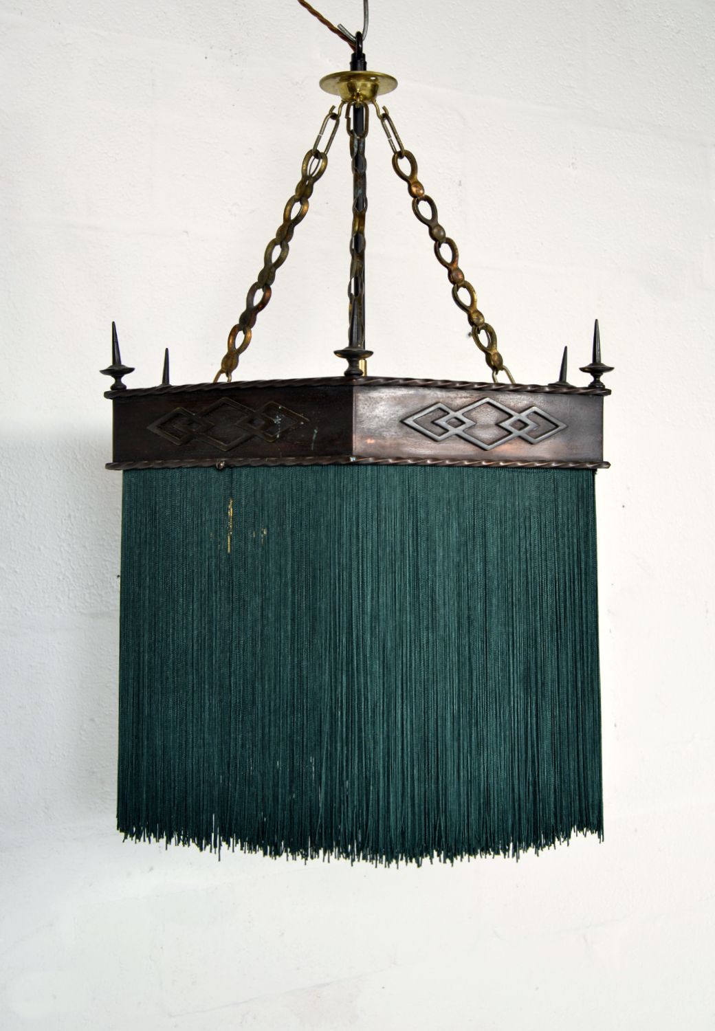 Gothic Revival Hexagonal Copper Green Tassel Fringe Pendant Light 1900s photo furniture