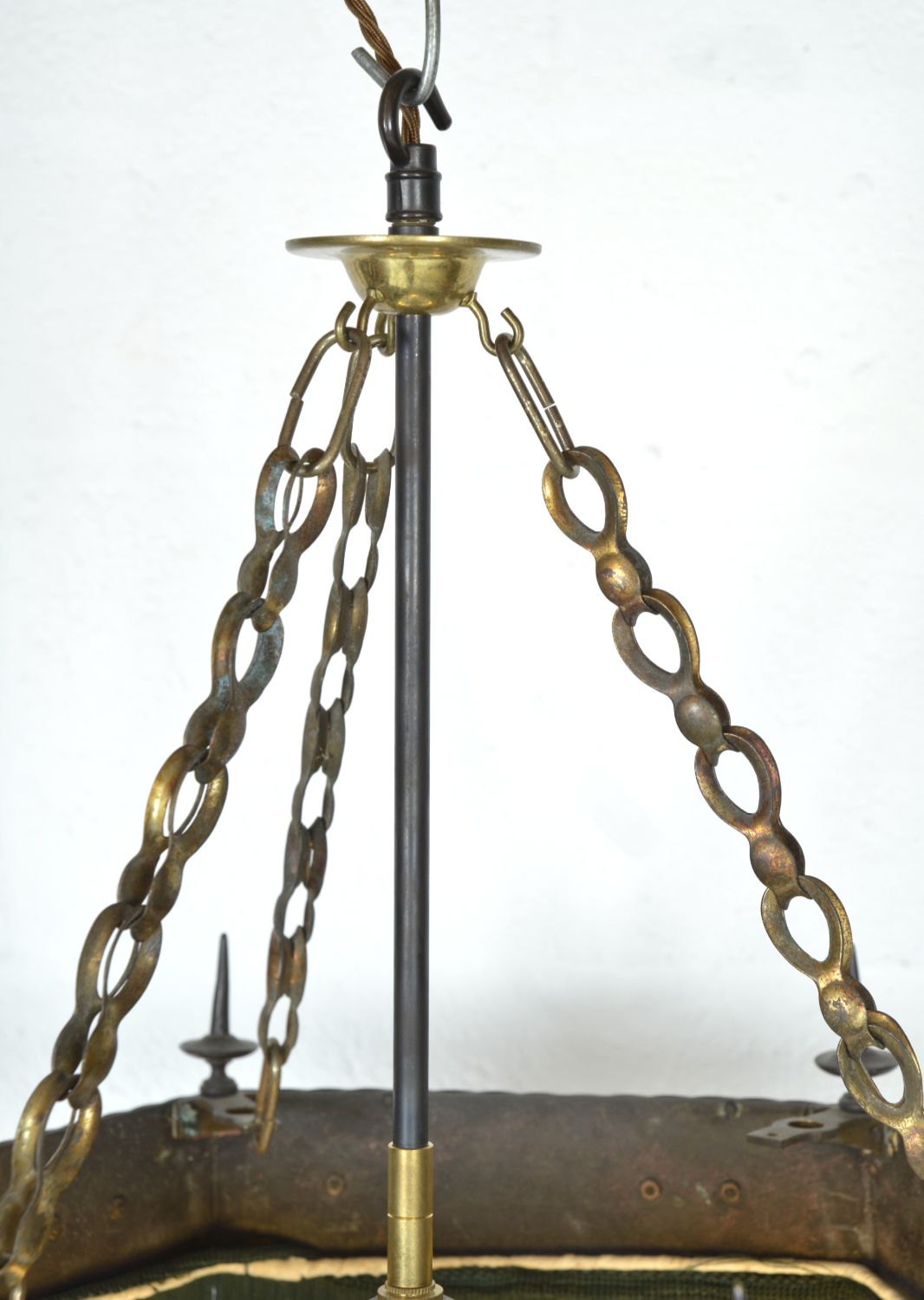 photo furniture Gothic Revival Hexagonal Copper Green Tassel Fringe Pendant Light 1900s