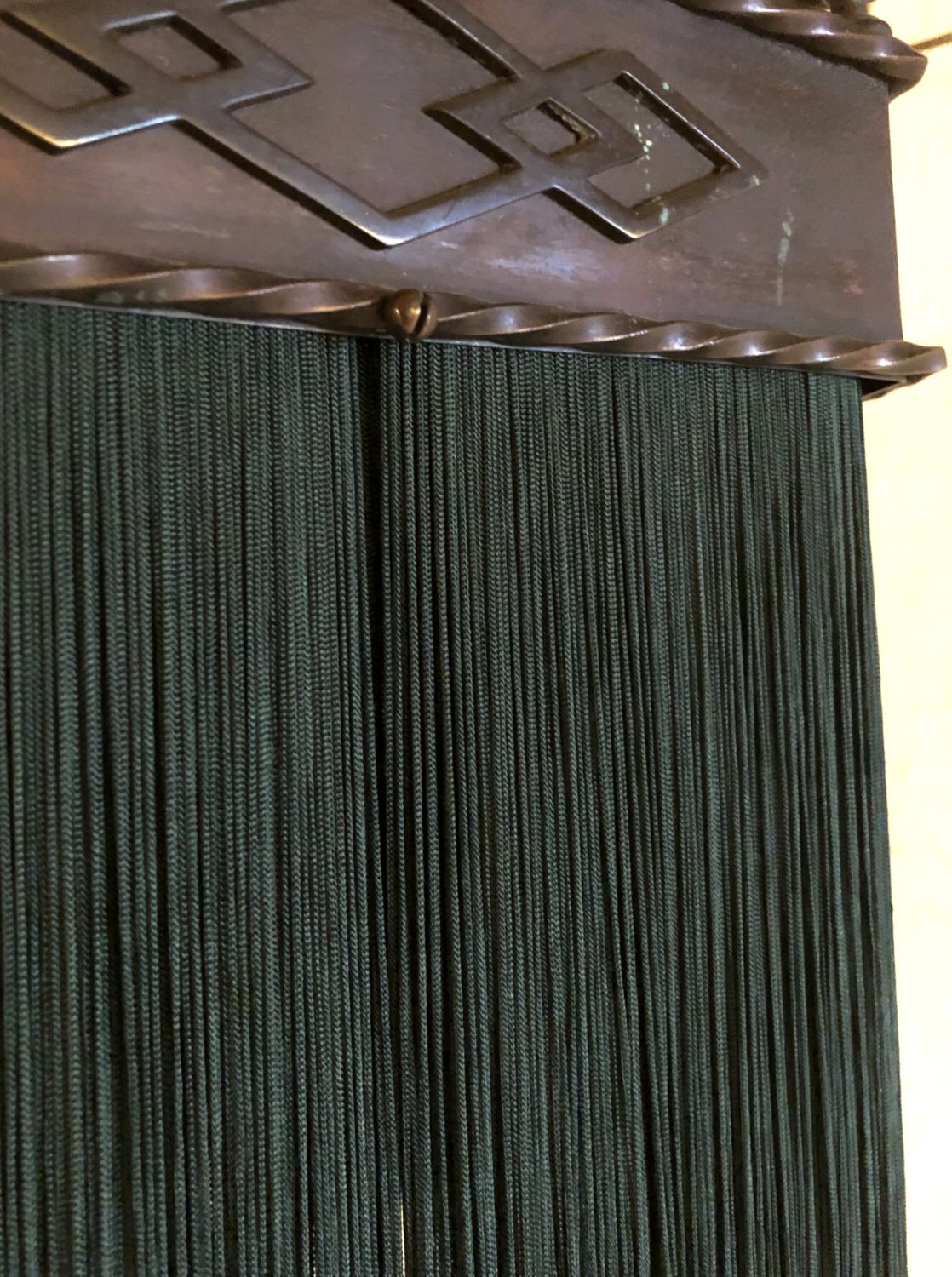 photo vinterior Gothic Revival Hexagonal Copper Green Tassel Fringe Pendant Light 1900s