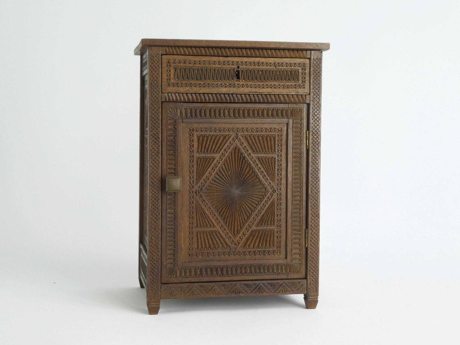 Antique Chip Carved Small Wooden Chest, Dutch Carved Medicine Cabinet, Farmhouse Decor Apothecary, Storage Box, Folk Art photo for sale
