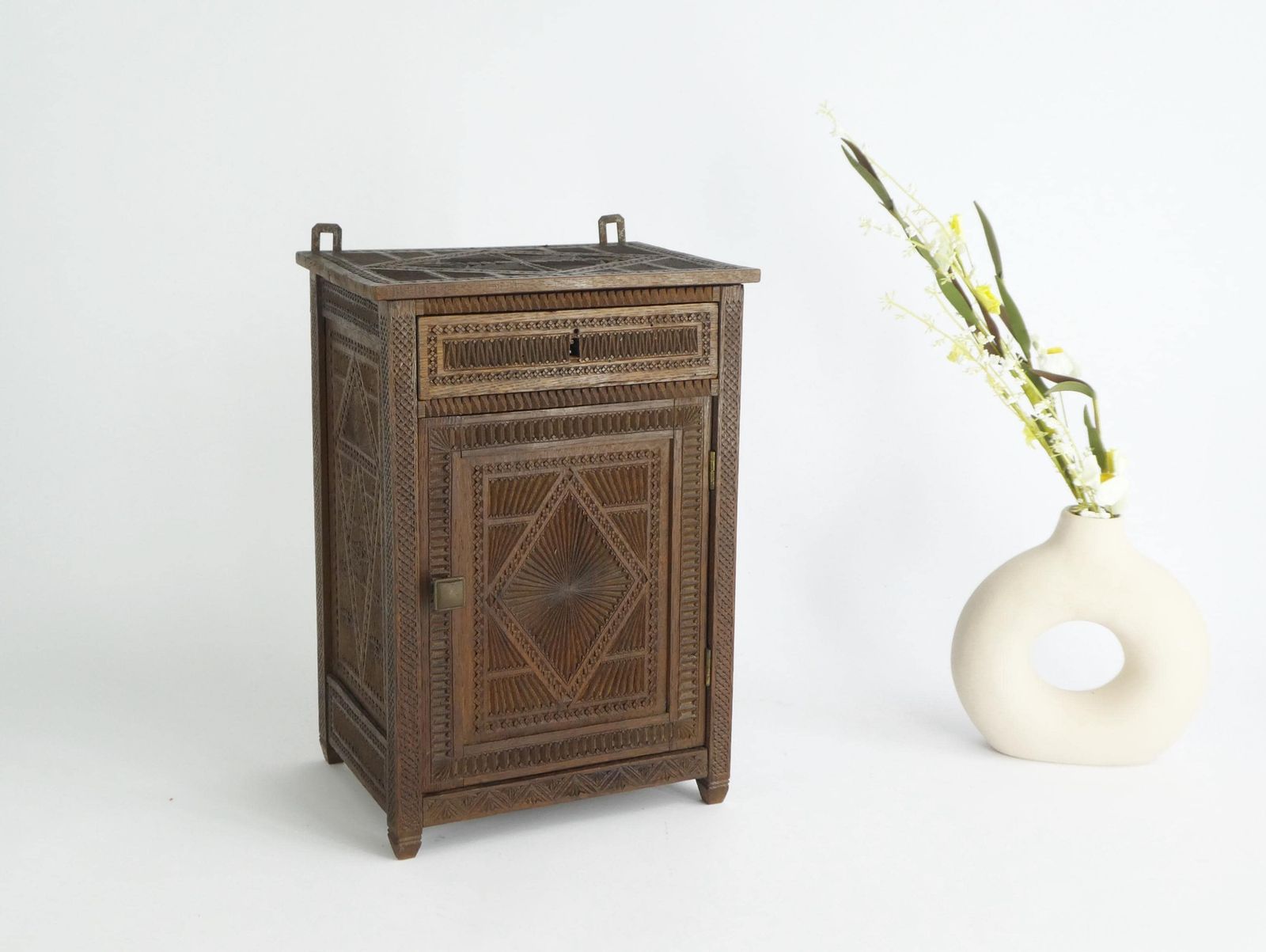 Antique Chip Carved Small Wooden Chest, Dutch Carved Medicine Cabinet, Farmhouse Decor Apothecary, Storage Box, Folk Art photo Furniture