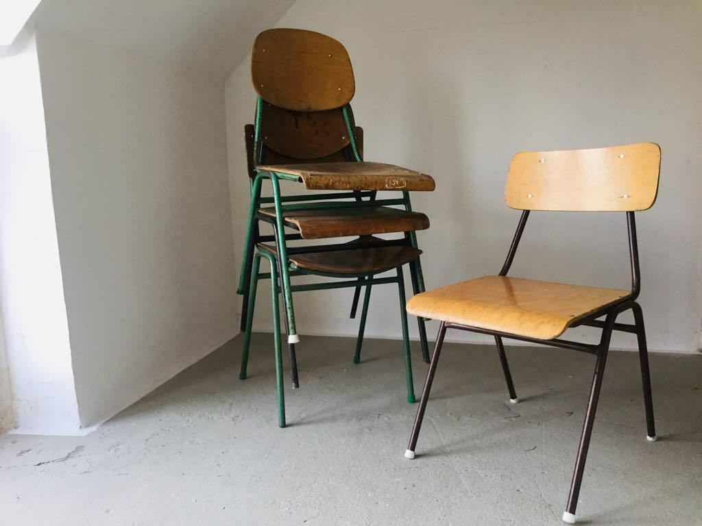 4x Vintage Metal Frame School Chairs, Solid Plywood Dining Seats Stacking photo for sale
