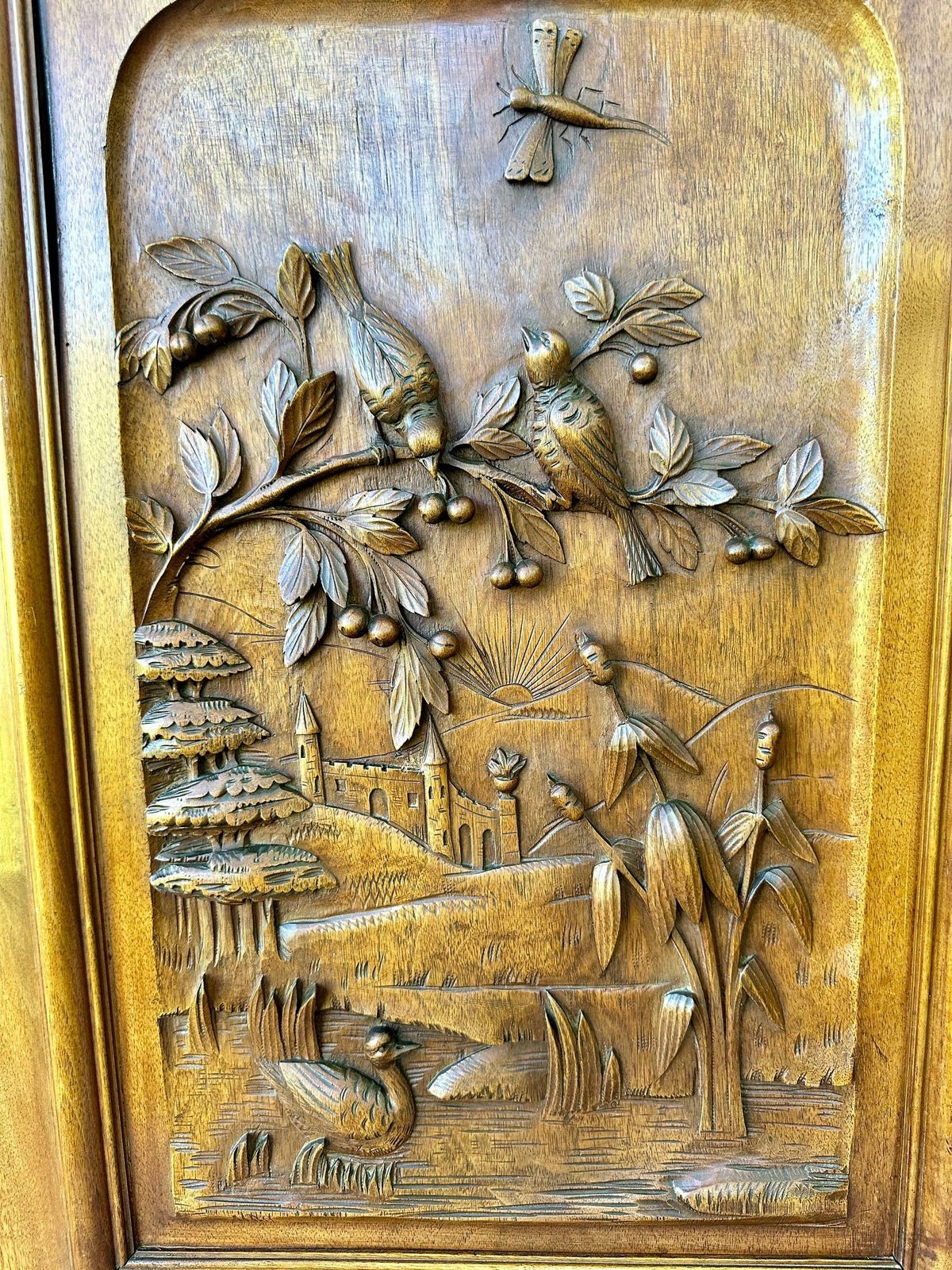 photo furniture French Antique Carved Wood Cabinet Door Bird Castel
