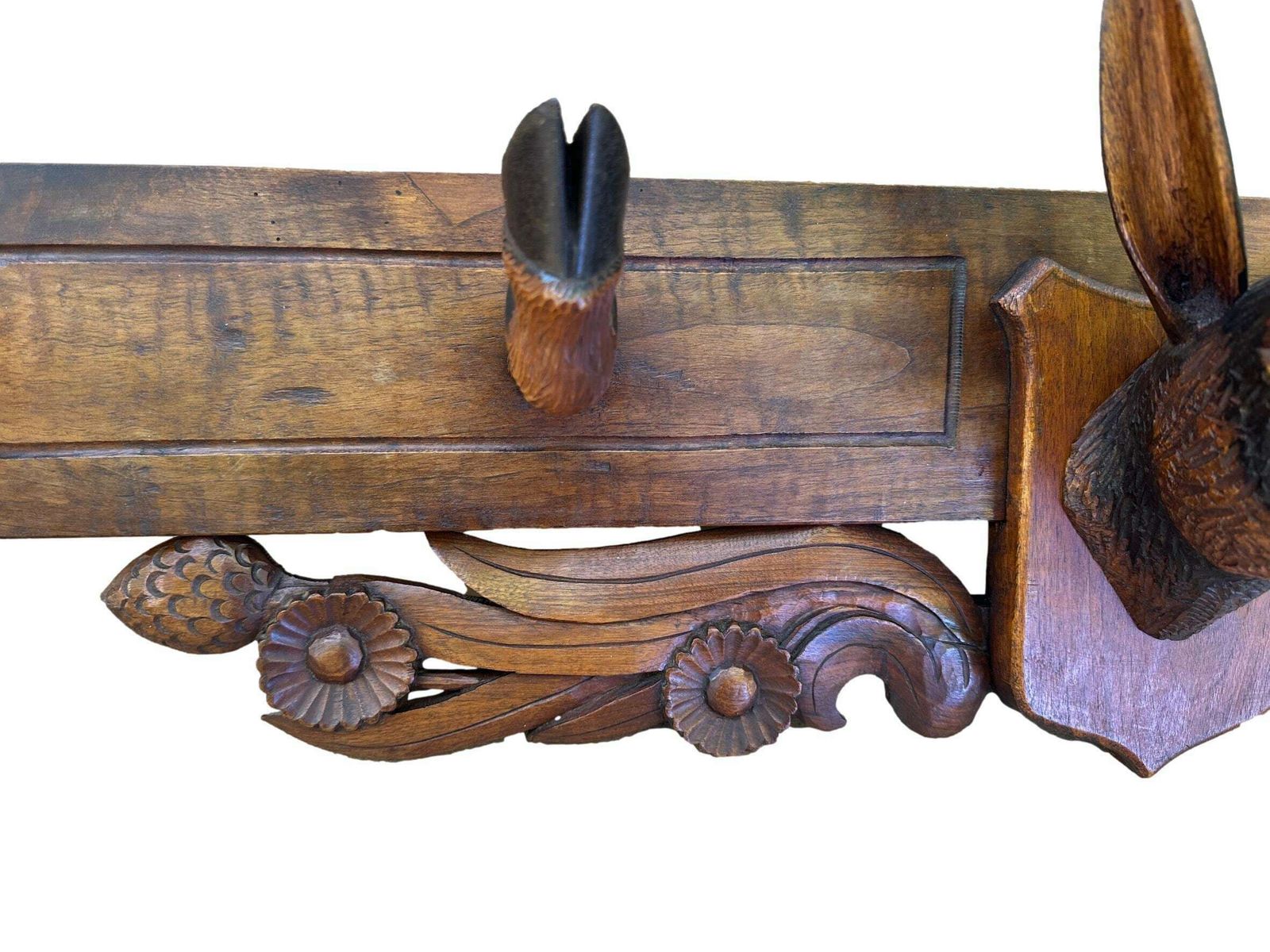 Antique Carved Coat Rack Chamois Black Forest Sulfide Eyes photo vinterior