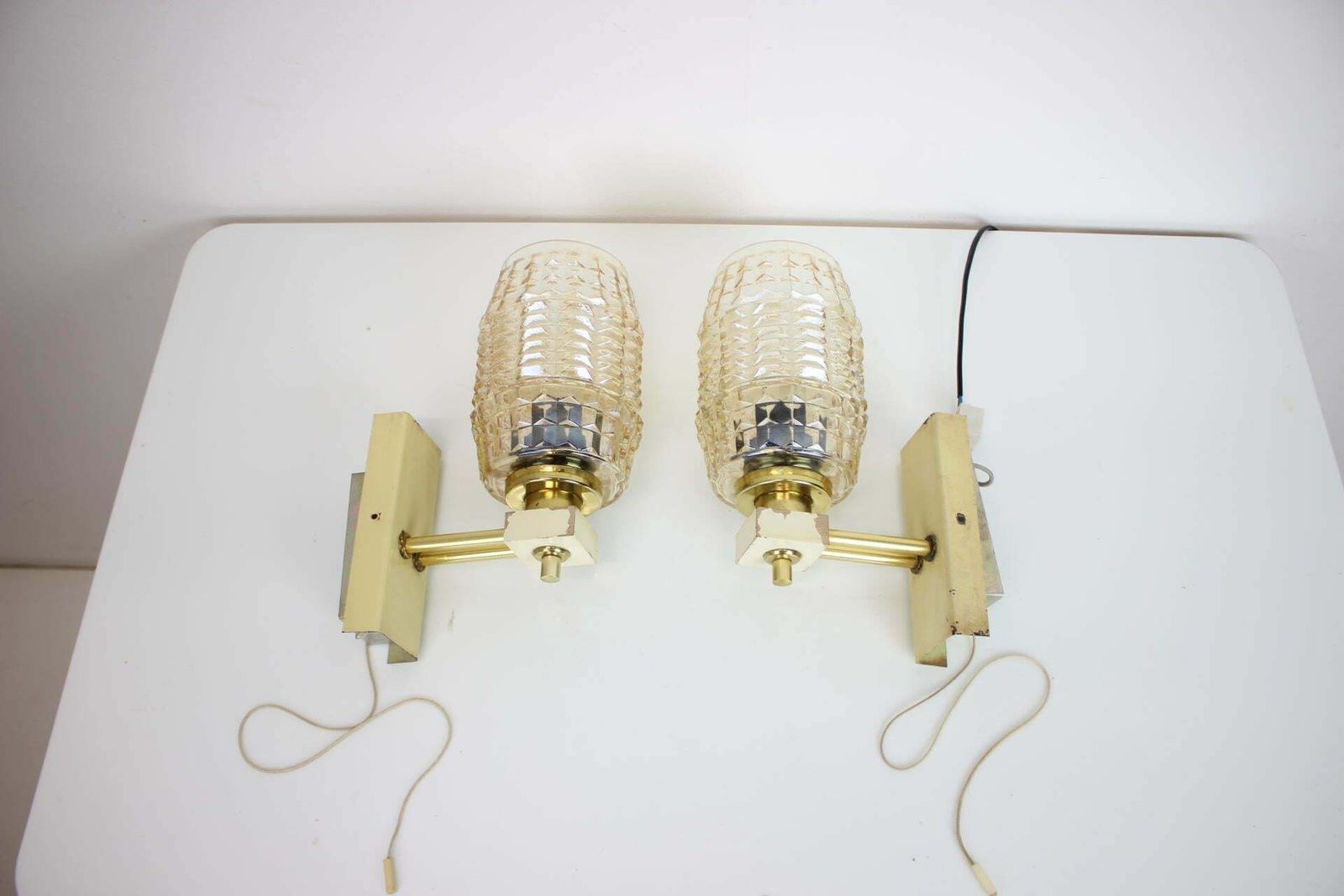 1970s Pair Of Two Wall Lamps With Glass Shades, Czechoslovakia photo Lighting