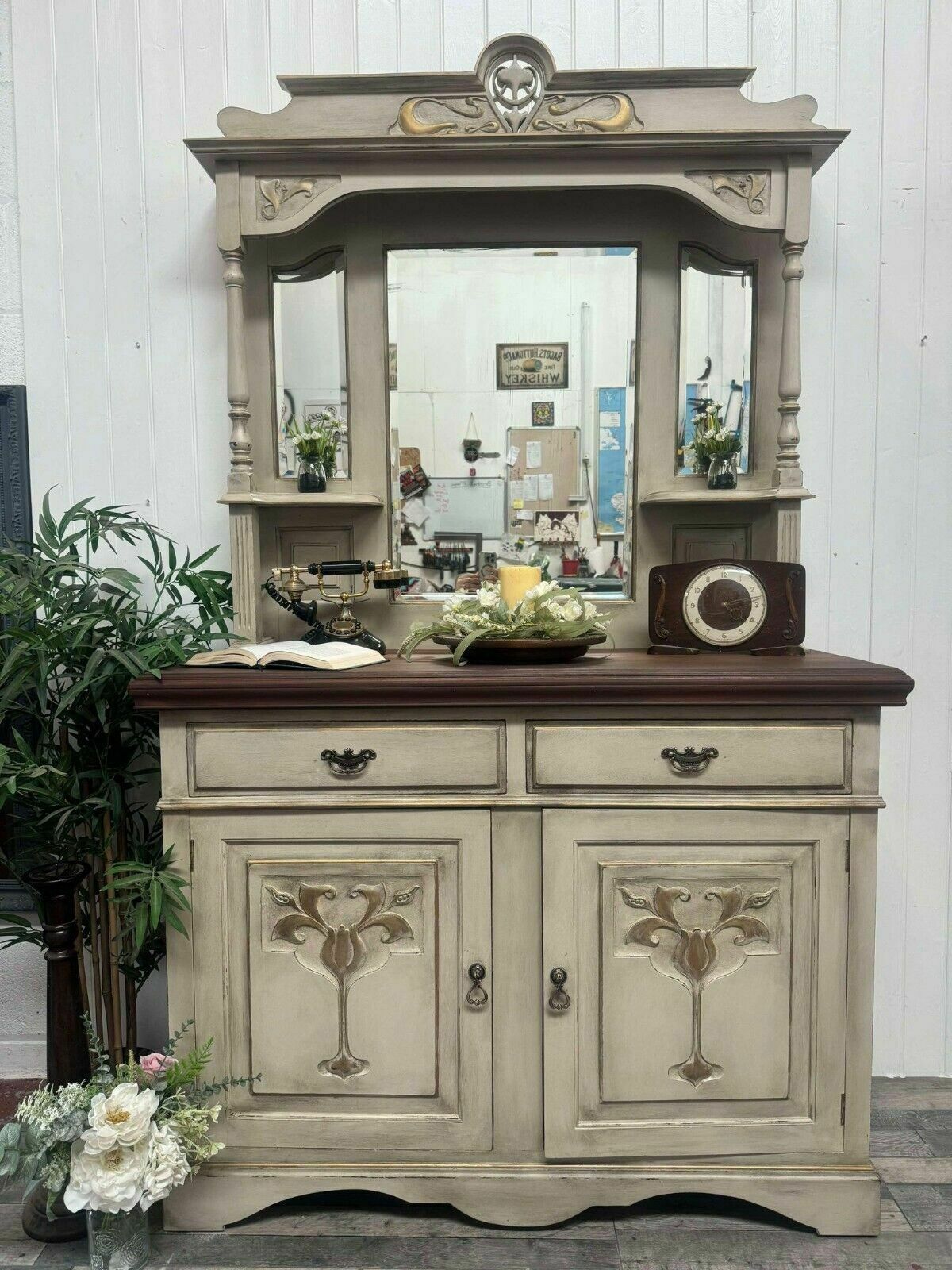 Vintage Shabby Aged/Distressed Sideboard/Chiffonier Cabinet/Dresser With Mirror photo vinterior