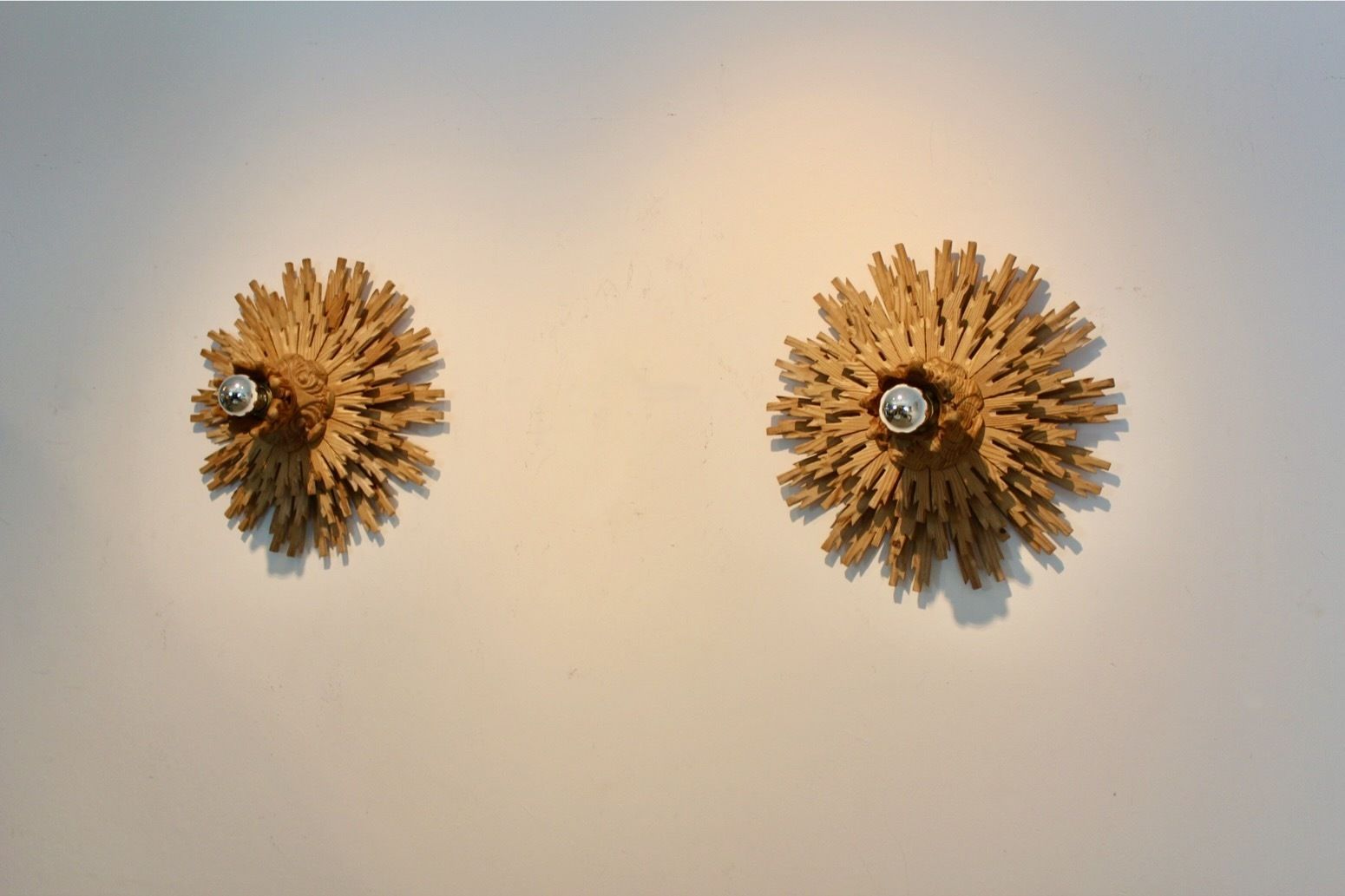 Natural Pair Of Large Carved Sunburst Wooden Sconces photo vinterior