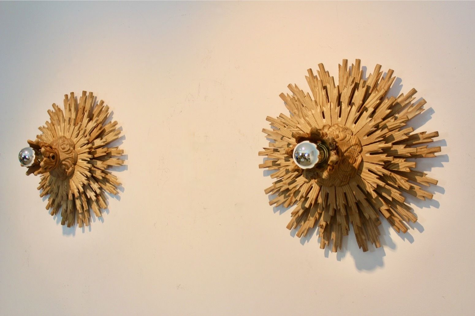 Natural Pair Of Large Carved Sunburst Wooden Sconces photo vintage