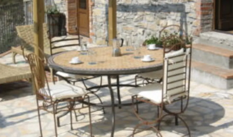 Tavole Calde 140cm Diam. Blue And Natural Mosaic Tiled Table, Iron Base, 2 Products. New But Unused Old Stock photo furniture