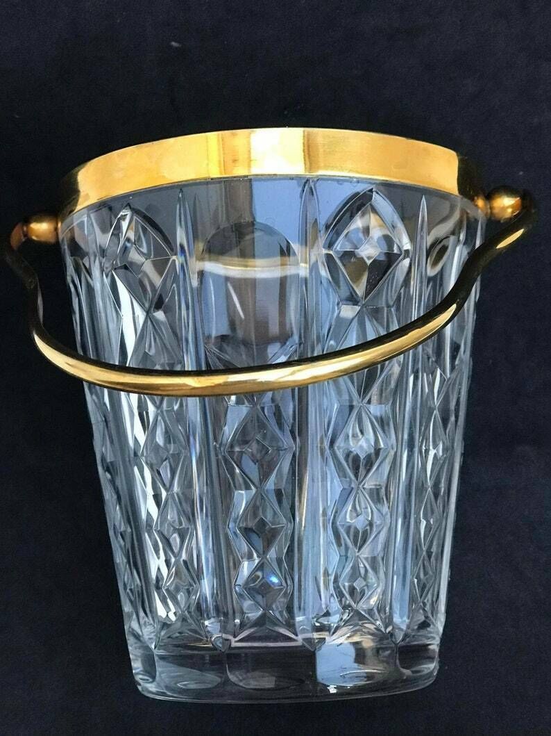 Ice Bucket Val Saint Lambert Heavy Cut Crystal With Golden Metal Handles Mid Century Barware Mixology Tools Bar Cart Hollywood Regency photo Home Decor