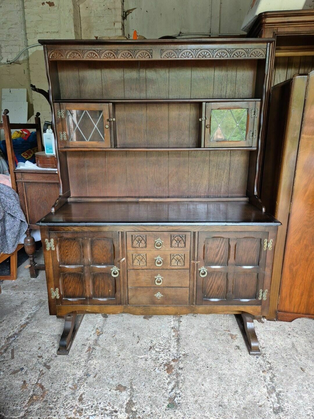 Vintage, Oak, Old Charm Style Display Cabinet With 4 Cupboards & 4 Drawers,