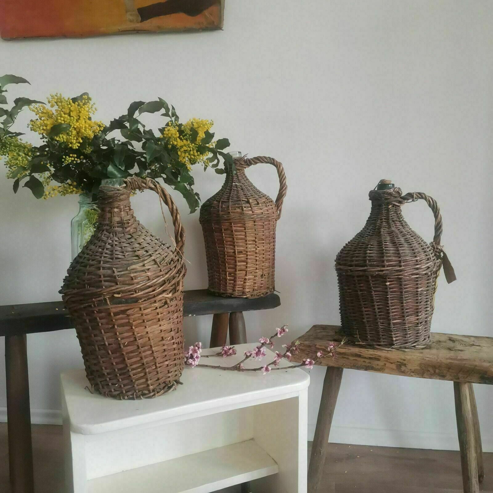 Set Of 3 Weaved Wicker Wine Bottles Demijohn Antique Carboy, Hand Made.
