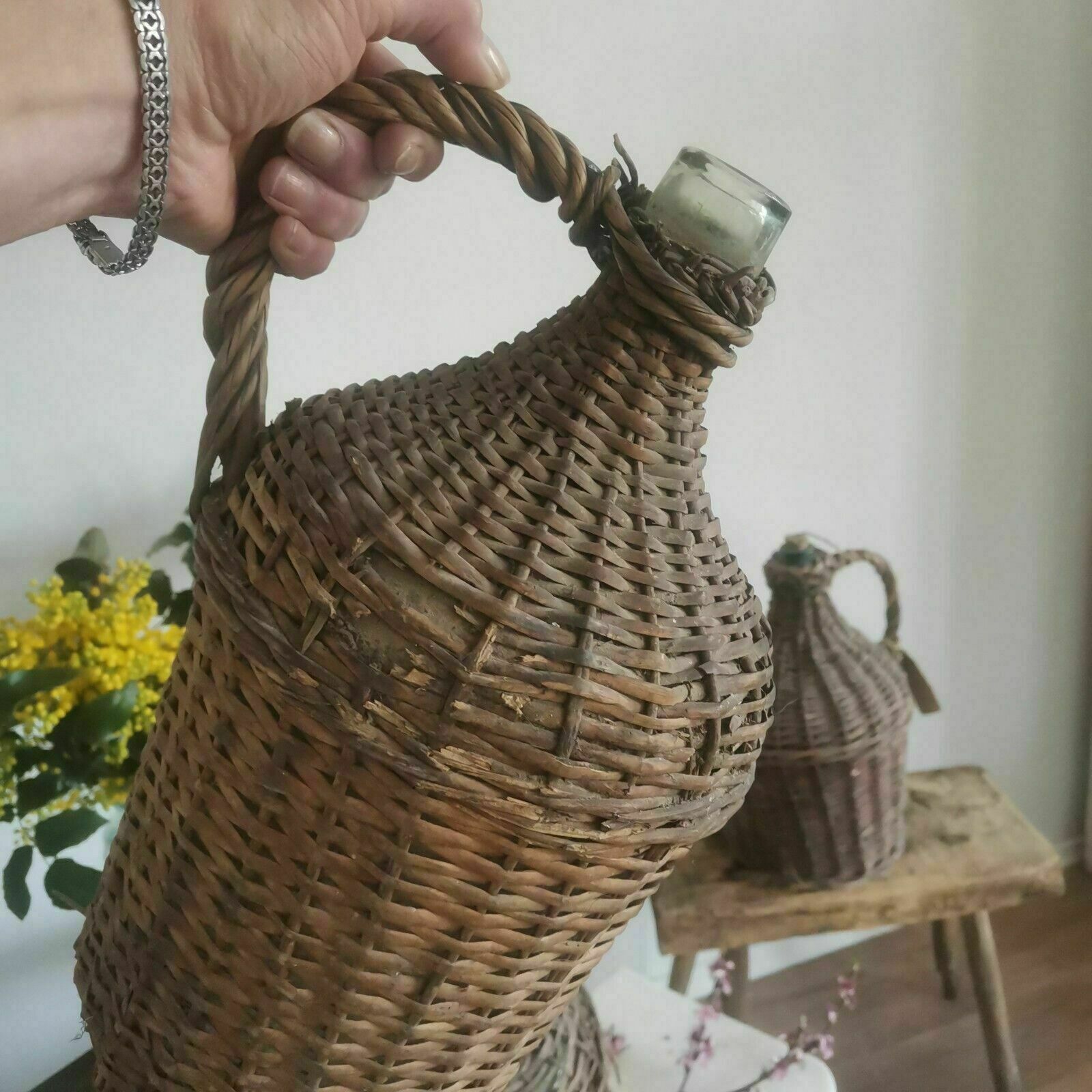 Set Of 3 Weaved Wicker Wine Bottles Demijohn Antique Carboy, Hand Made. photo vinterior