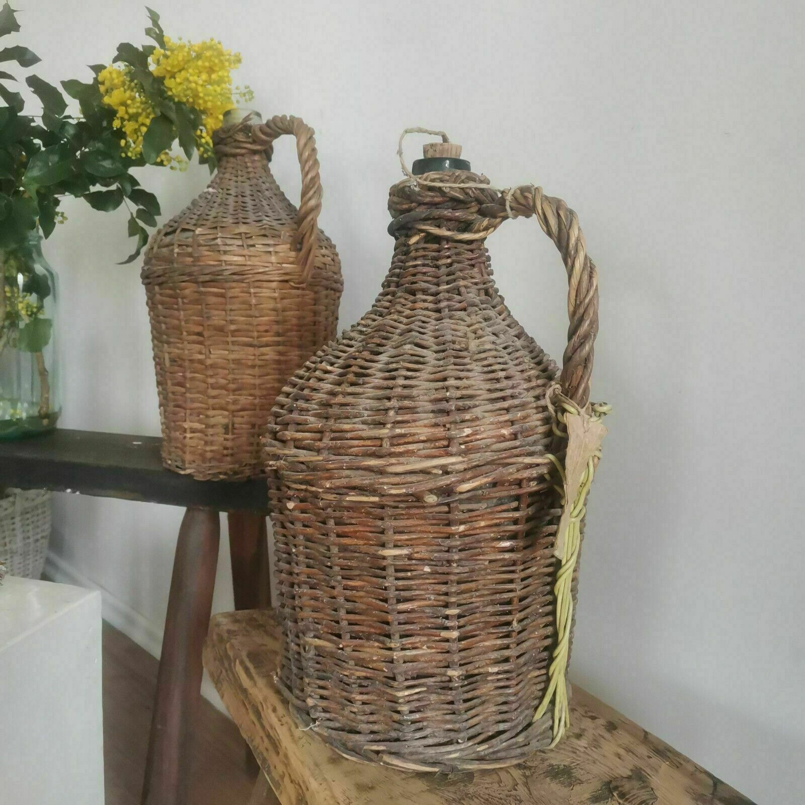 Set Of 3 Weaved Wicker Wine Bottles Demijohn Antique Carboy, Hand Made. photo buy
