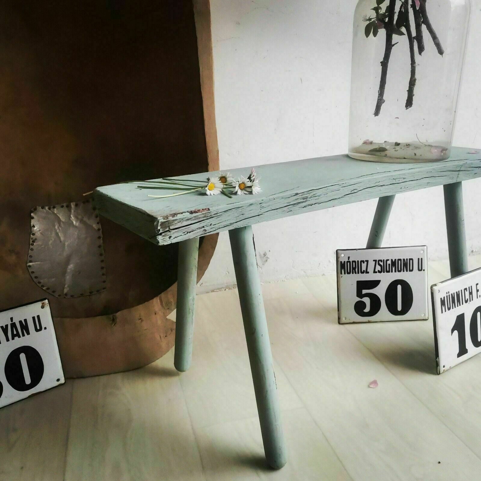 Antique Rustic Hand Carved Wooden Bench Or Small Table, Chippy French Paint Wood photo vinterior