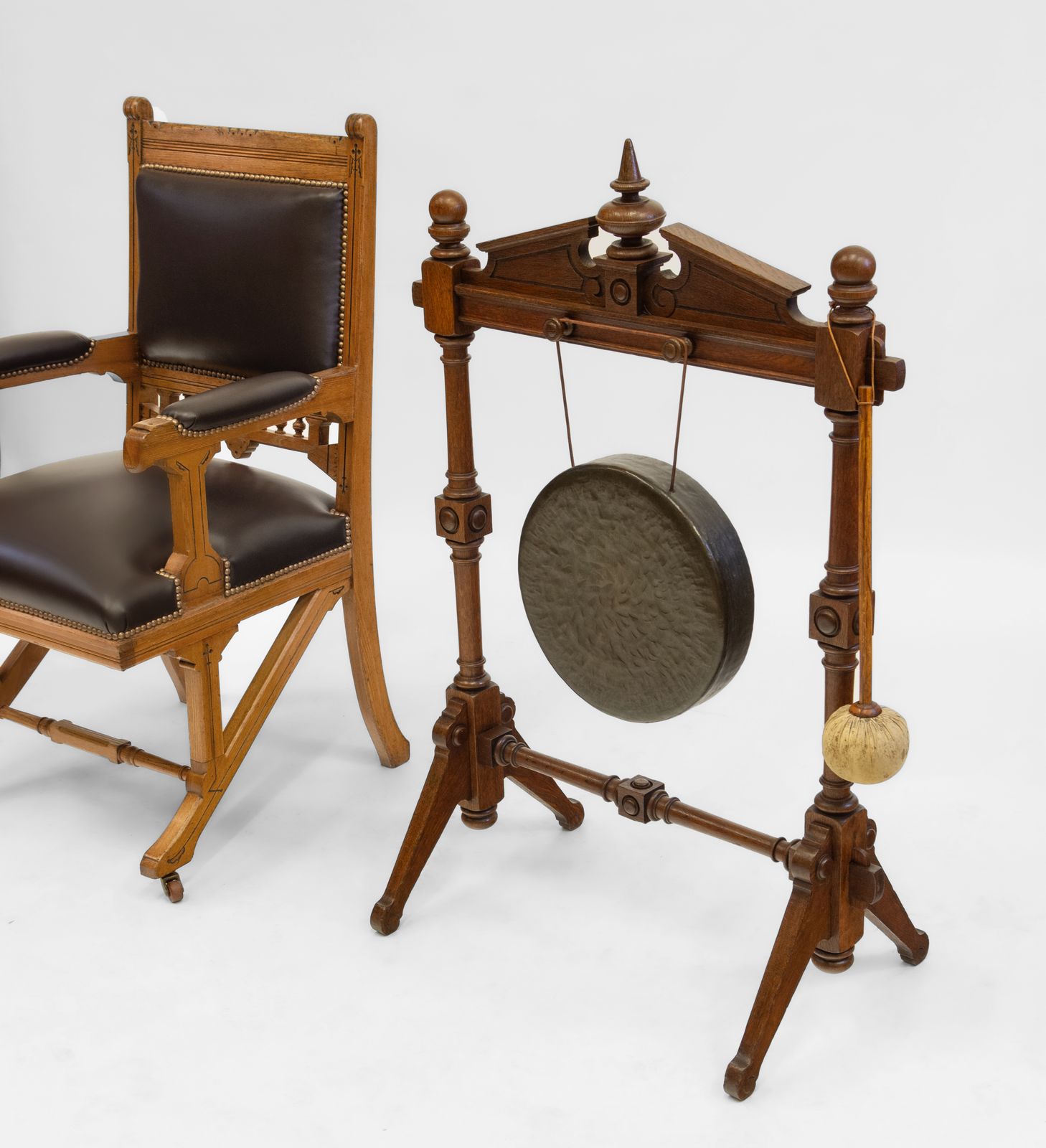 19th Century Oak Floor Standing Dinner Gong & Striker 1870 photo buy
