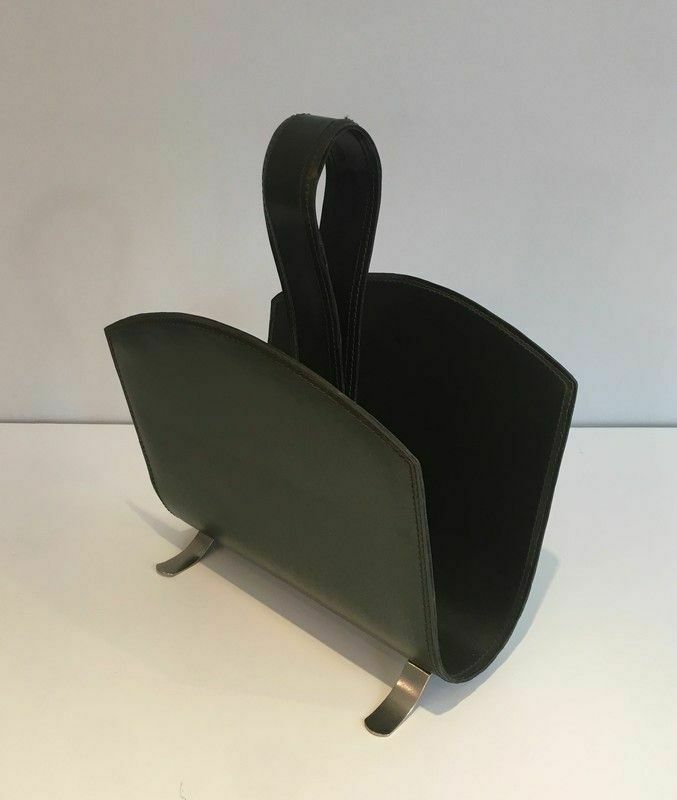 Green Leather And Brushed Steel Magazine Rack