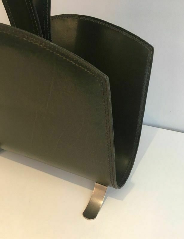 Green Leather And Brushed Steel Magazine Rack photo 850.0