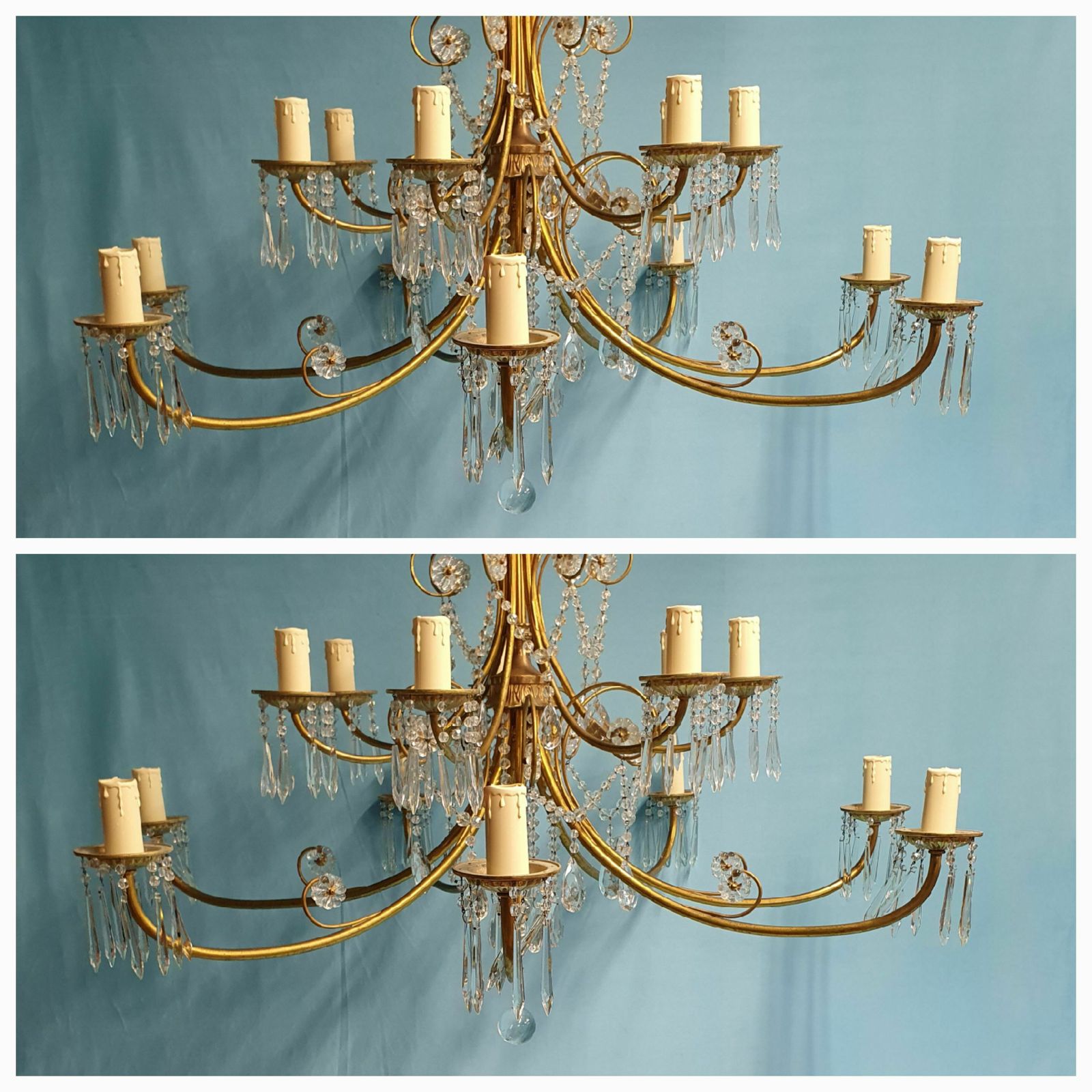 Early 20th Century Pair Of Large Two Tier Chandeliers With Cut Glass Crystal 42" photo furniture