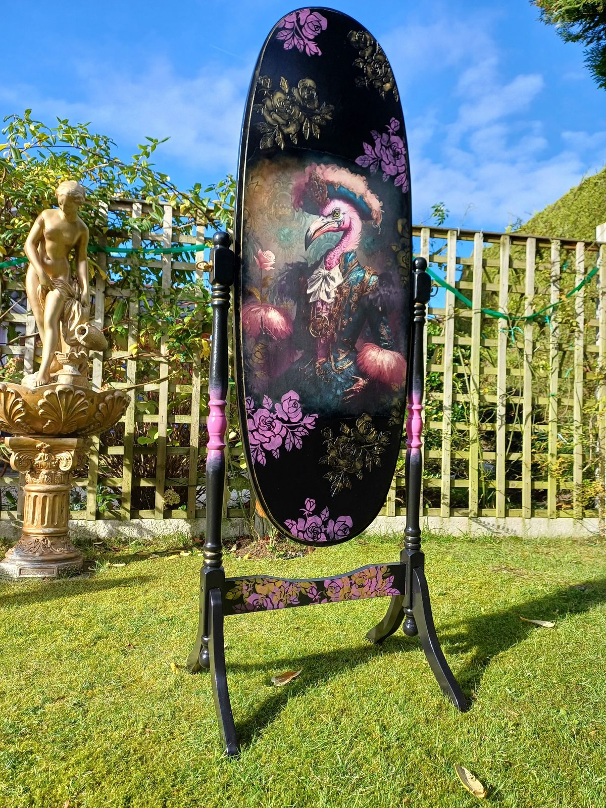 Upcycled Black And Pink Mirror With Flamingo Design photo Home Decor