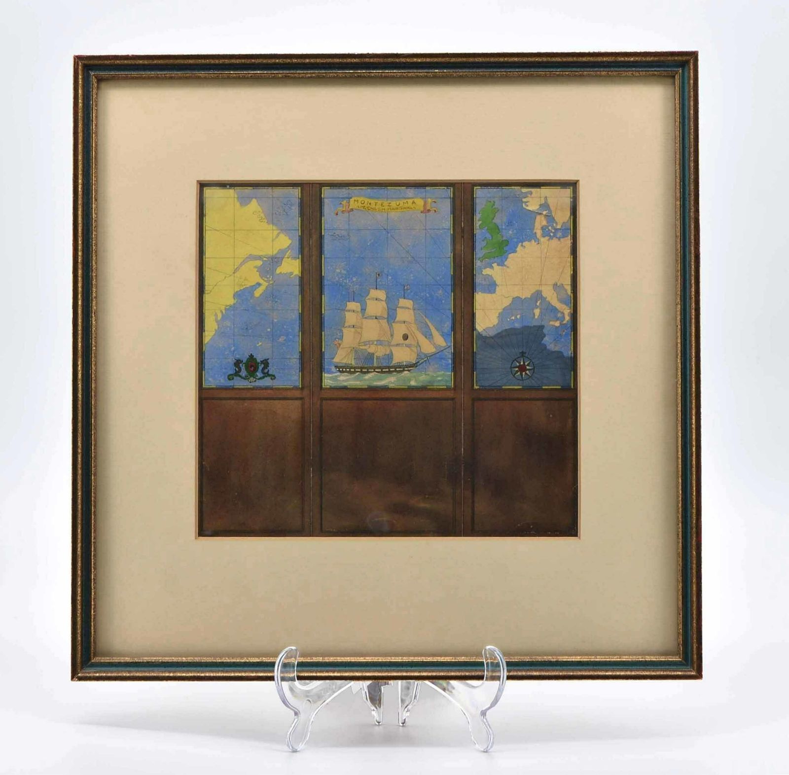 Watercolour Drawing Of A Three Fold Screen Design Decorated With A Nautical Map By Kenneth Stevens Mac Intire