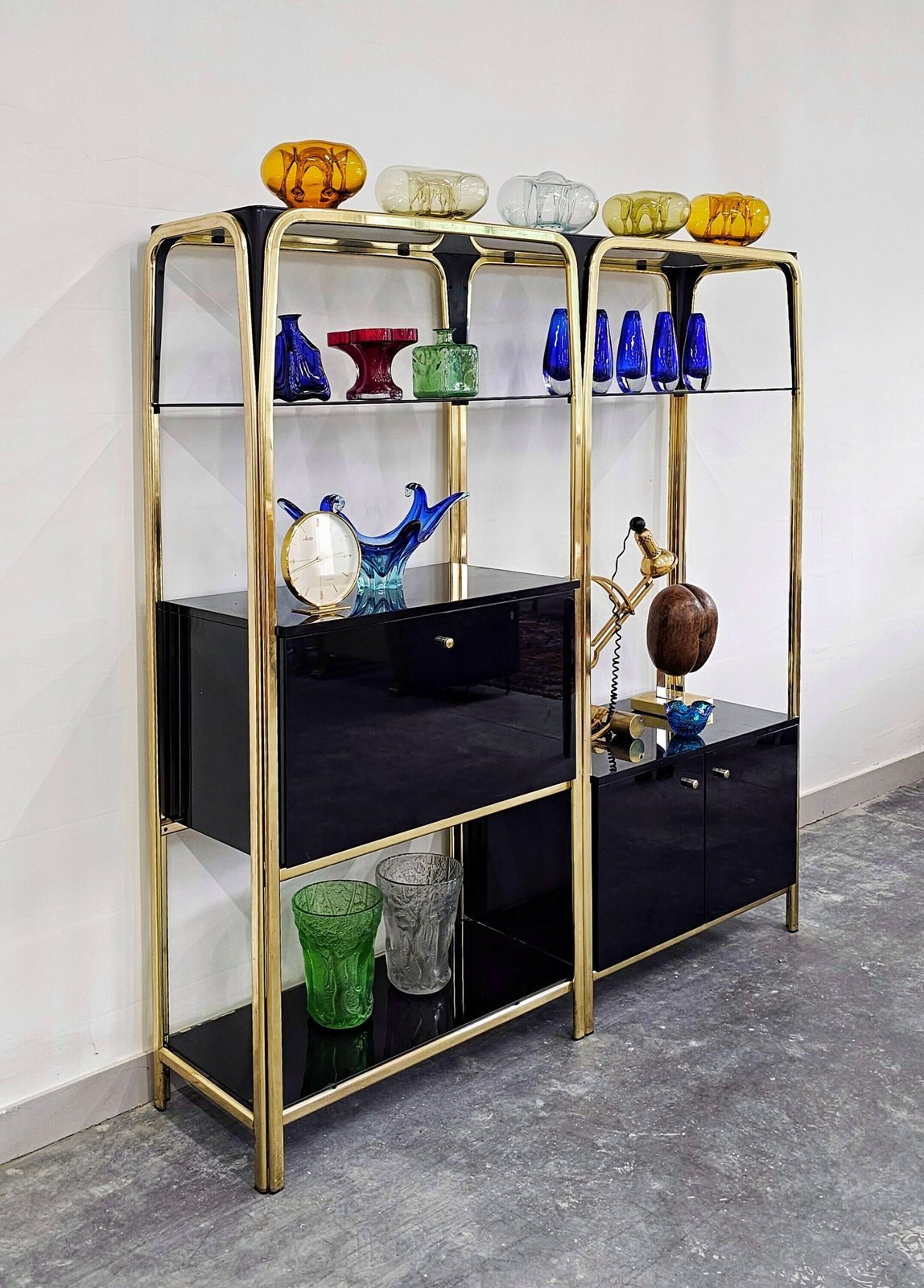 Hollywood Regency Black Lacquered Shelving Or Wall Unit With A Bar And A Cabinet // Made In Italy In 1980s photo Furniture