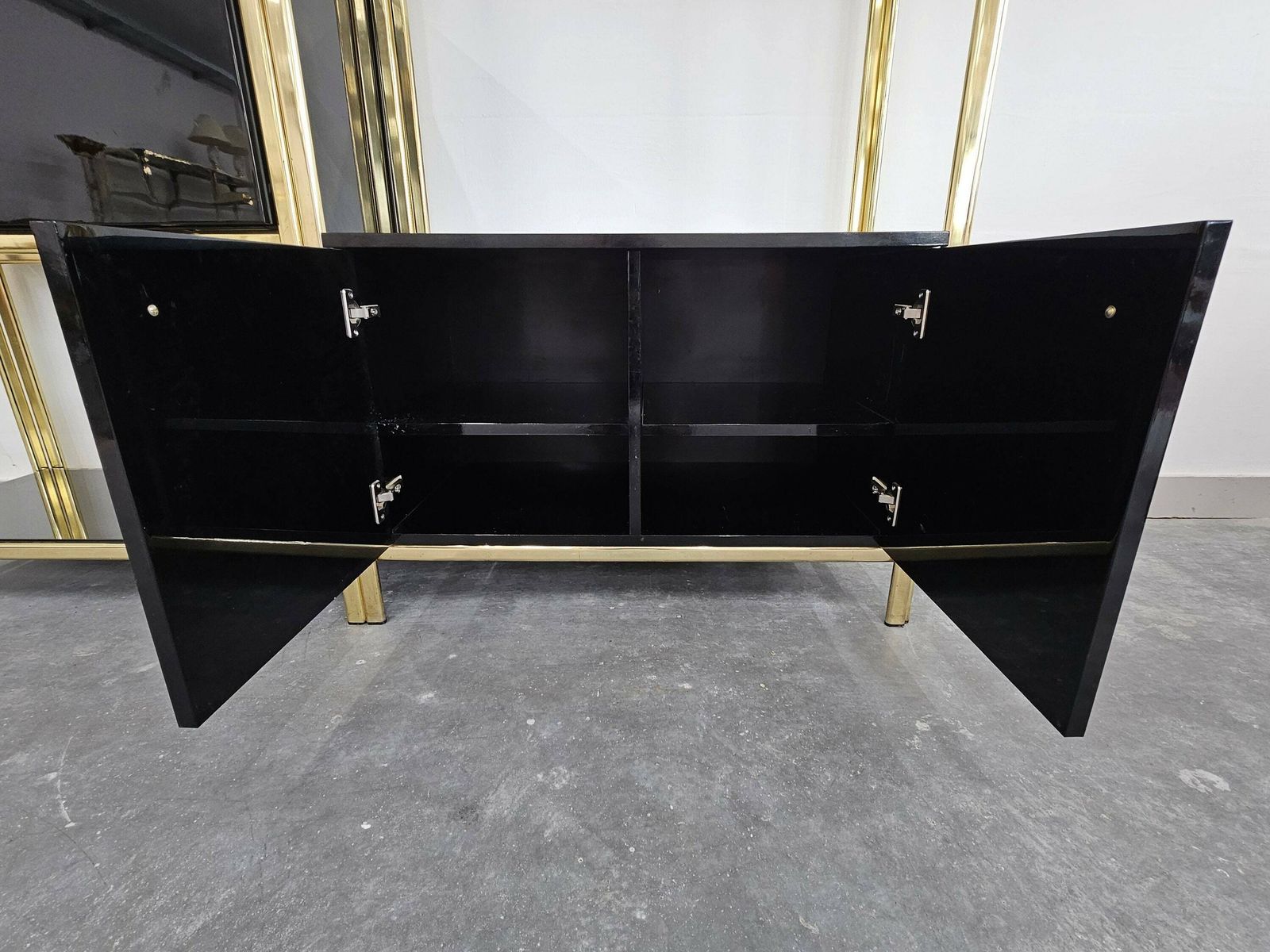 photo furniture Hollywood Regency Black Lacquered Shelving Or Wall Unit With A Bar And A Cabinet // Made In Italy In 1980s
