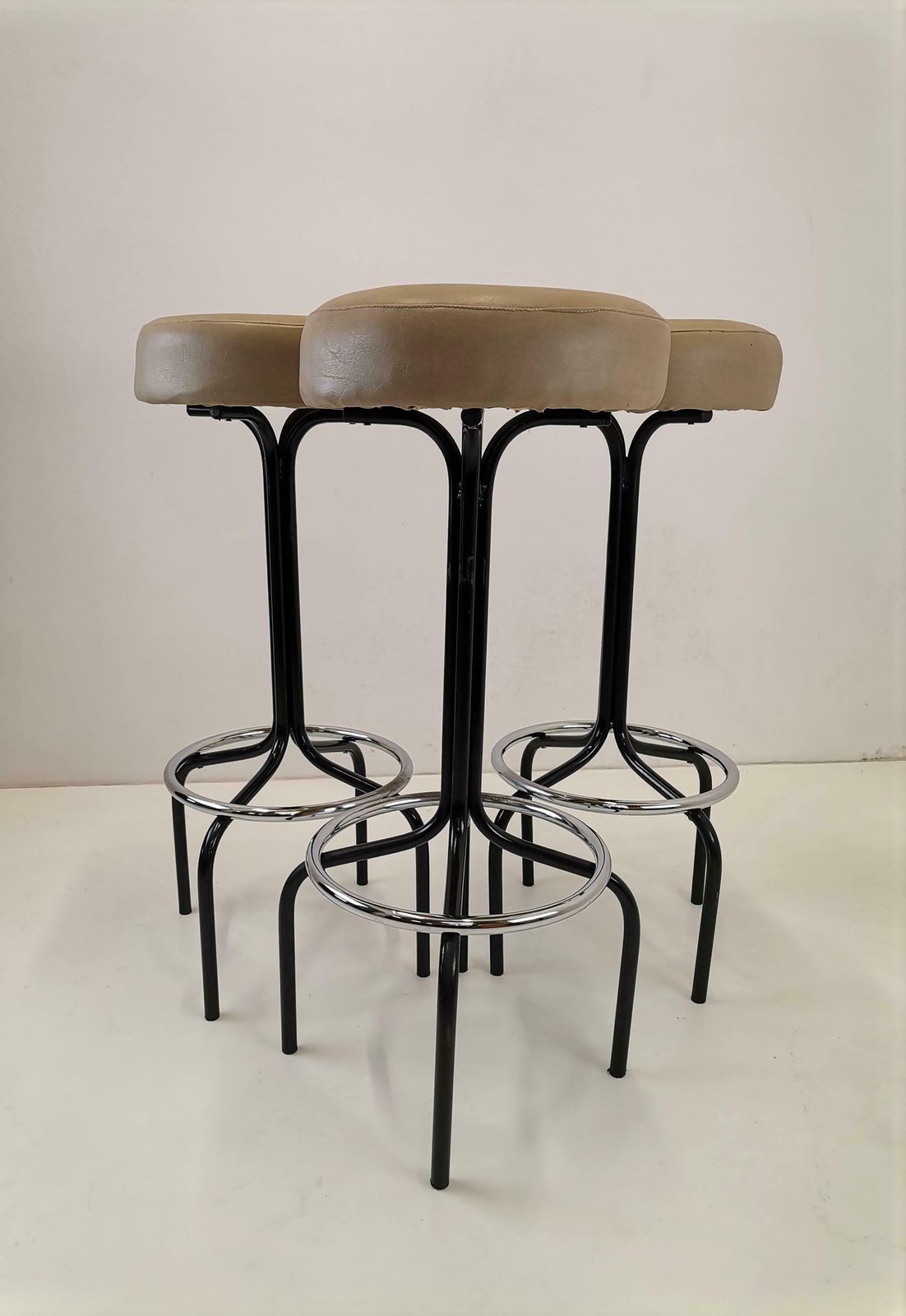 Set Of 3 Mid Century Modern Bar Stools / Mid Century Leather And Metal Bar Stool Set / 80s Yugoslavia photo for sale
