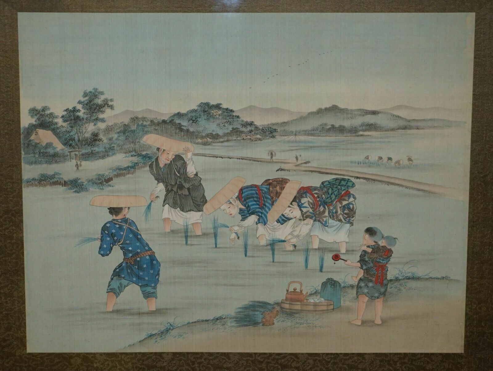 Antique Japanese Cir 1920's Woodblock Triptych Watercolour Print Of Rice Pickers photo furniture