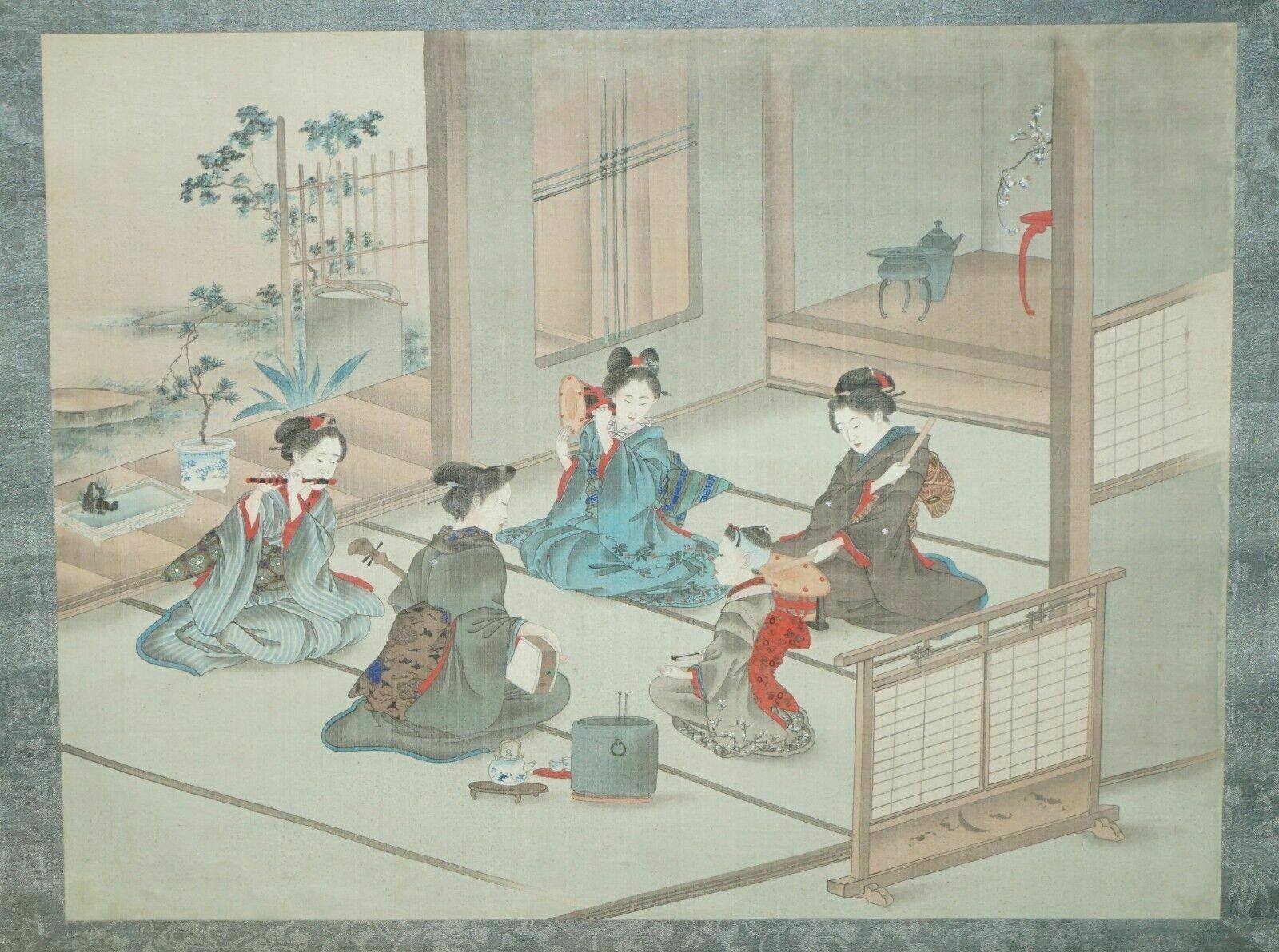 Japanese 1920's Woodblock Triptych Watercolour Print Geisha Girls Playing Music photo furniture