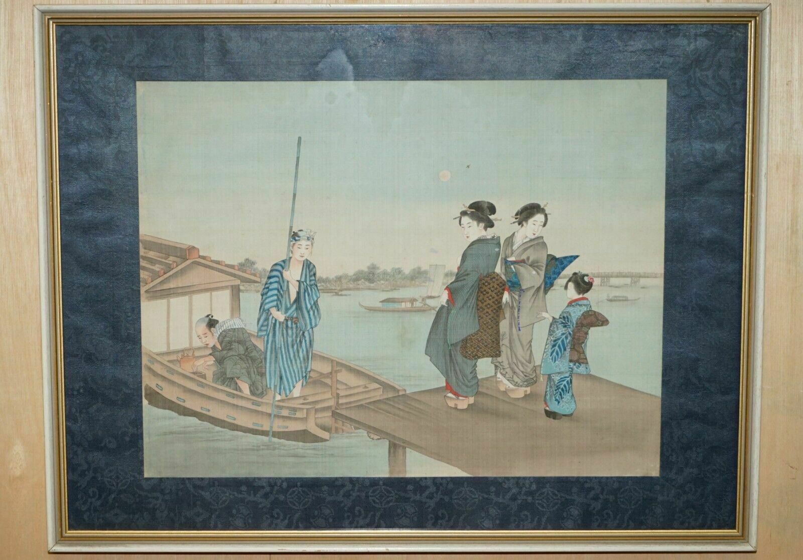 Japanese 1920 Woodblock Triptych Watercolour Print Of Geisha Girls Boaring Boat photo furniture