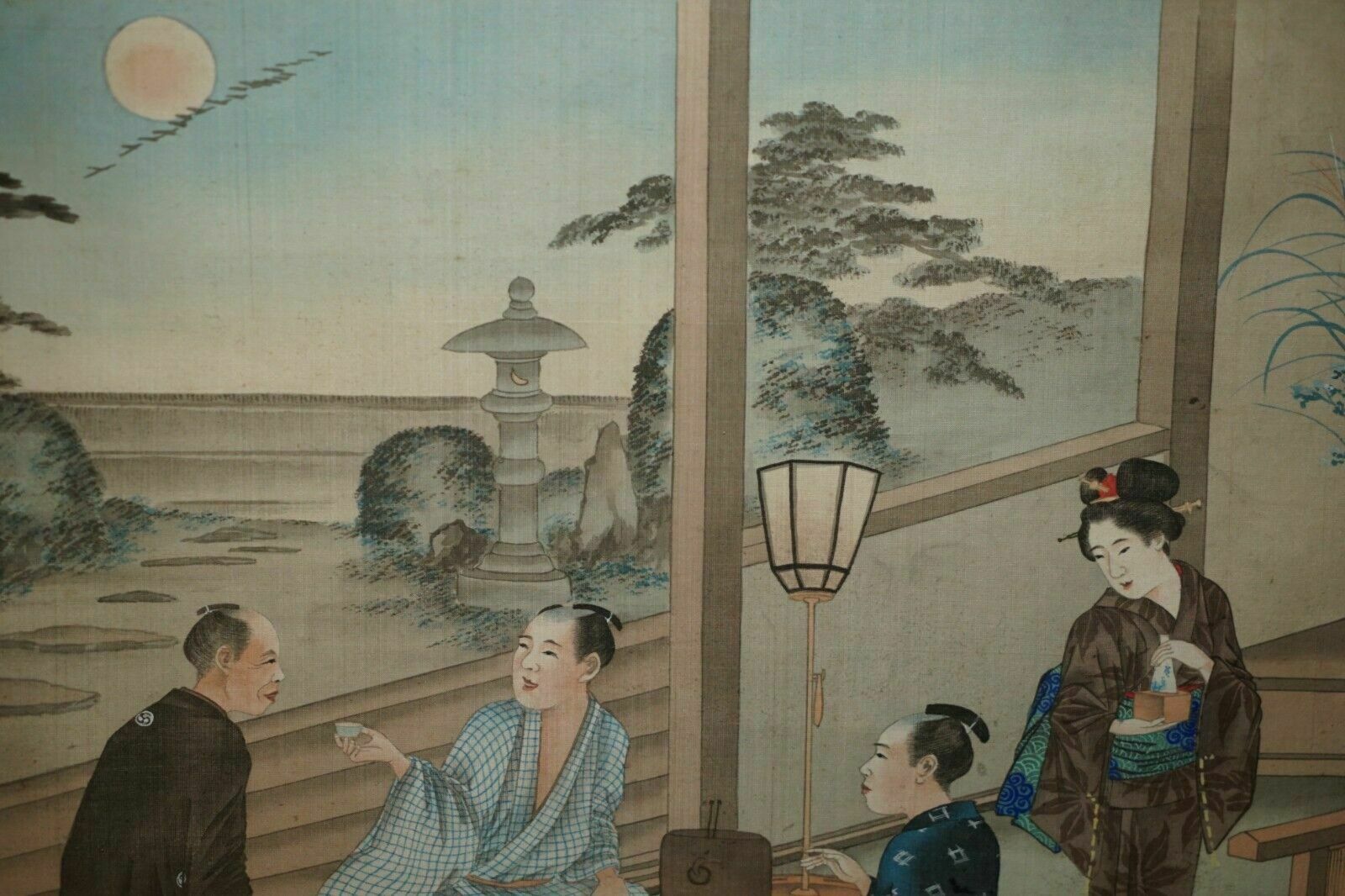 Japanese Cir 1920 Woodblock Triptych Watercolour Print Of Geisha Girl & Nobles photo 295.0