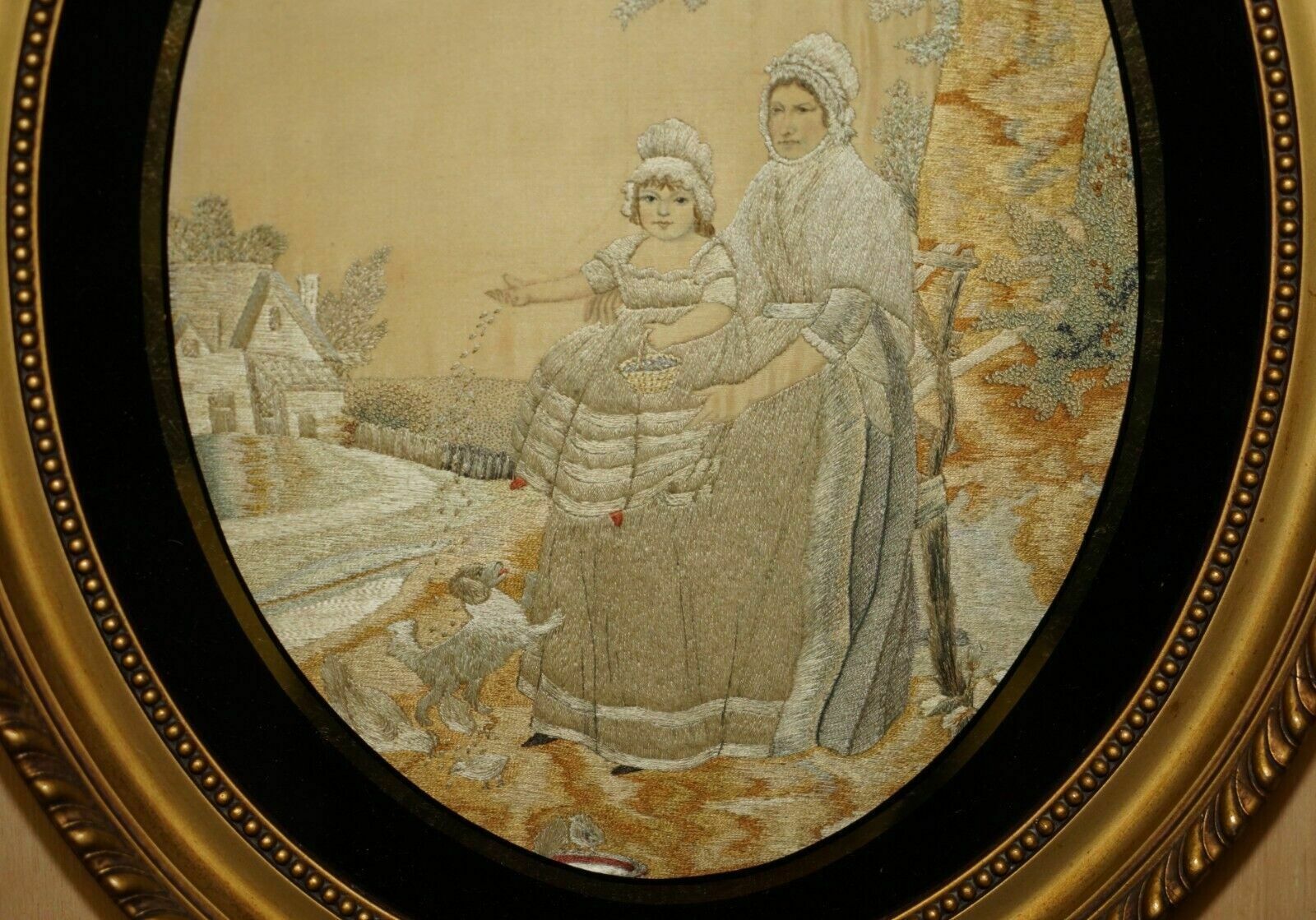Stunning Detail 18th Century Oval Framed Silk Work Tapestry Gold Gilt Frame photo for sale
