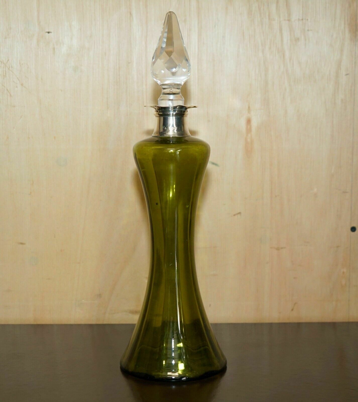 William Hutton Antique Green Wine Port Spirit Decanter Sterling Silver Collar