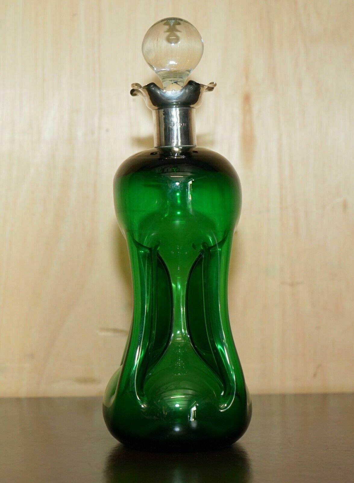 1896 Gibson  & Lawrence Antique Green Wine Port Decanter Sterling Silver Collar