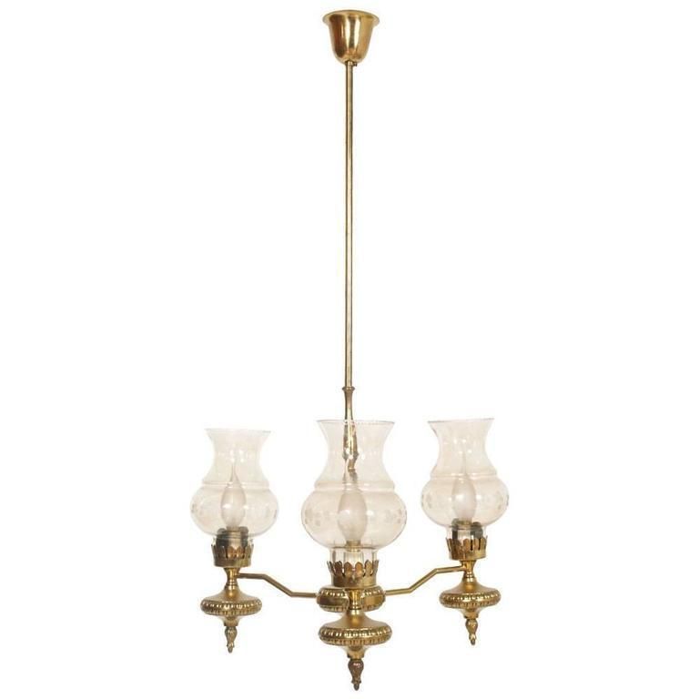 1930s Art Deco Chandelier Three Lights, Golden Brass And Murano Glass, Restored