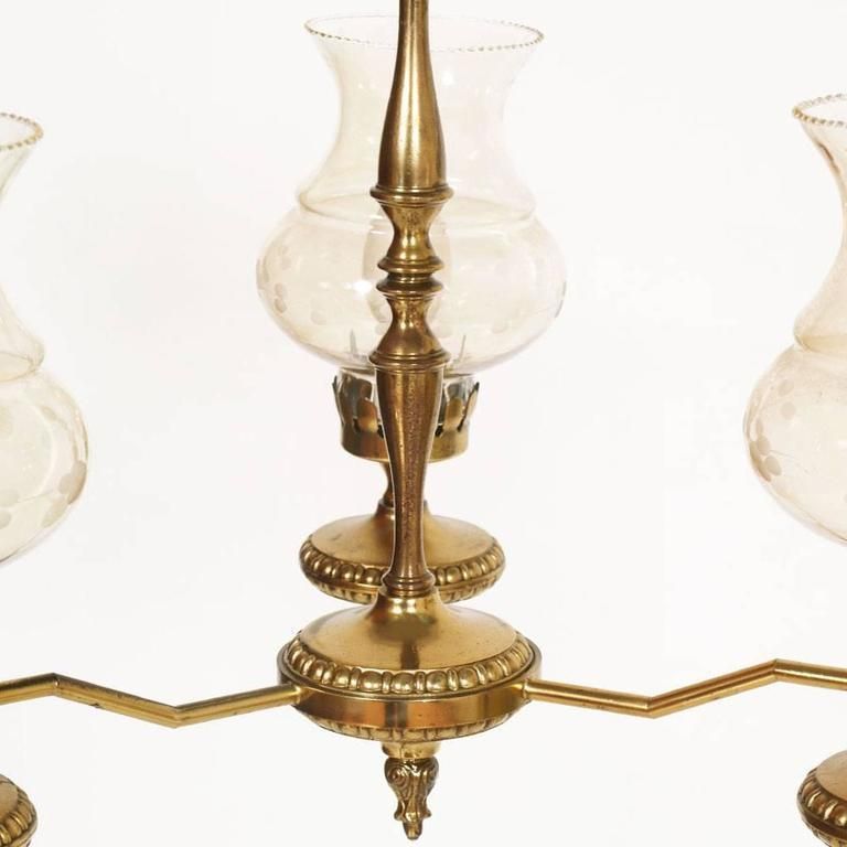 1930s Art Deco Chandelier Three Lights, Golden Brass And Murano Glass, Restored photo for sale