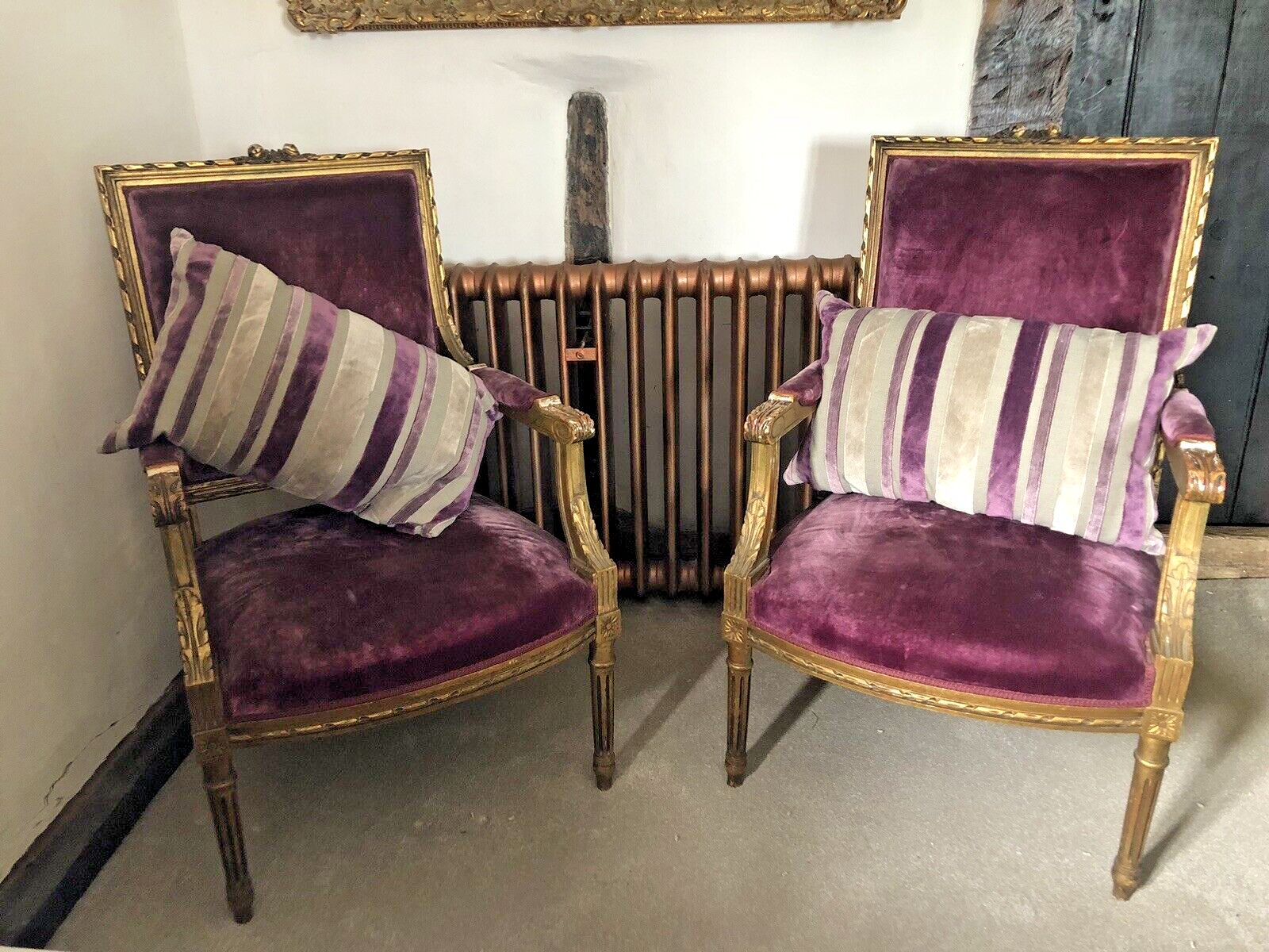 Antique French Empire Orchid Distressed Gold Giltwood Throne Armchairs  C1850 photo buy