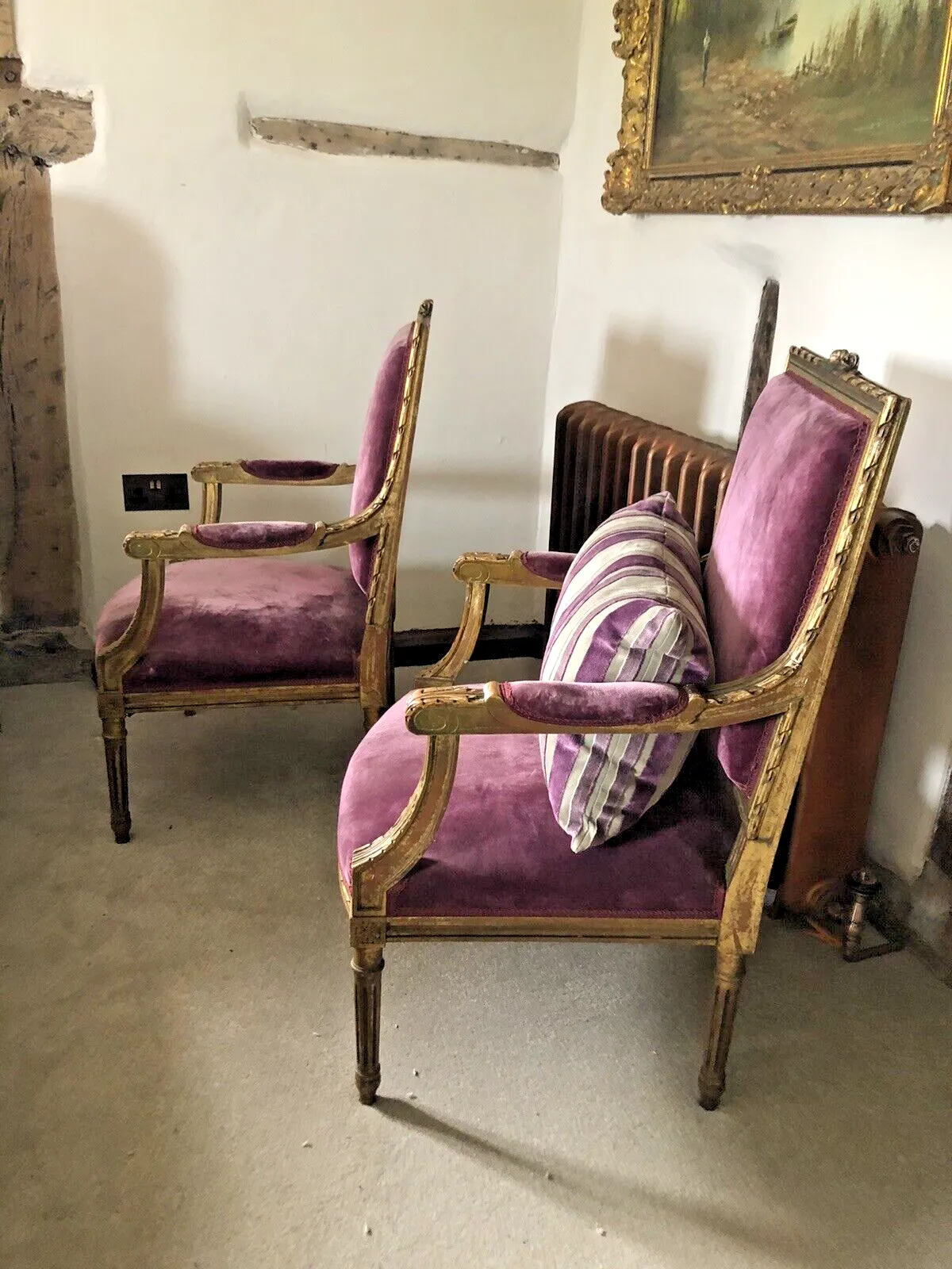 photo furniture Antique French Empire Orchid Distressed Gold Giltwood Throne Armchairs  C1850