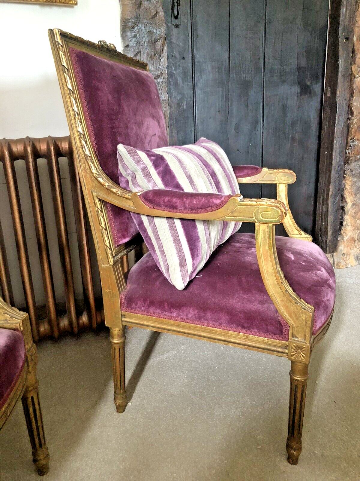 photo for sale Antique French Empire Orchid Distressed Gold Giltwood Throne Armchairs  C1850