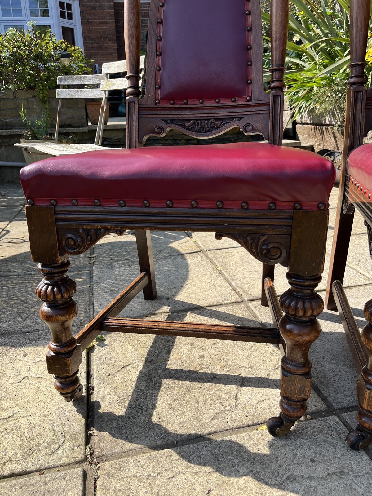 2 Edwardian Style Chairs With Red Leather And Ornate Carvings photo for sale