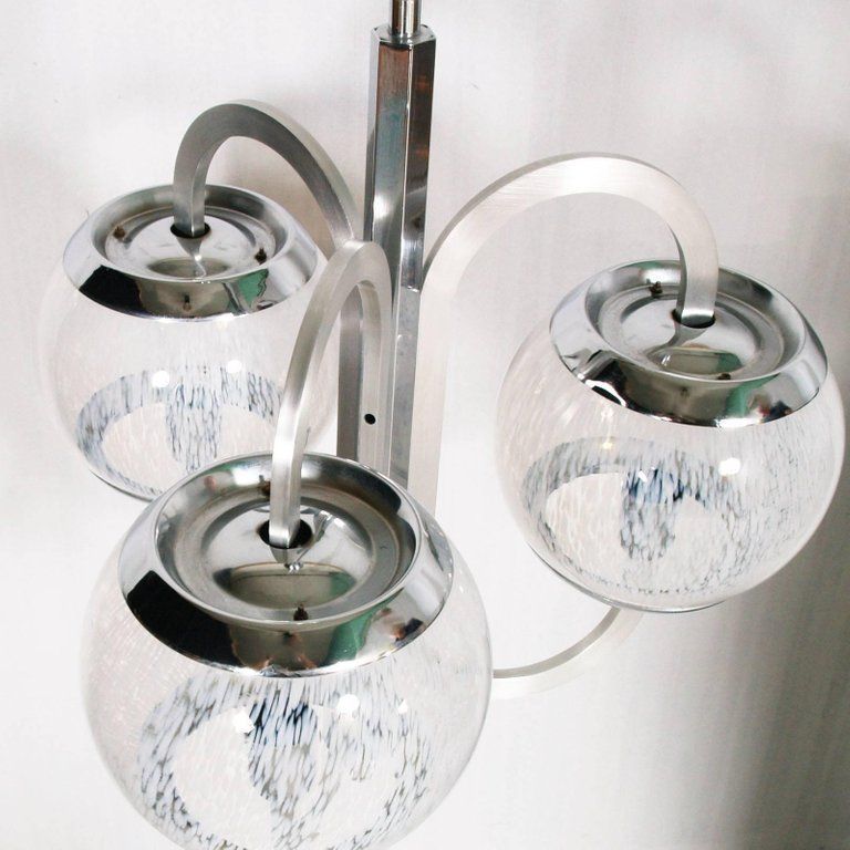 1960s Chromed Aluminium Chandelier With Three Large Murano Pulegoso Glass photo furniture