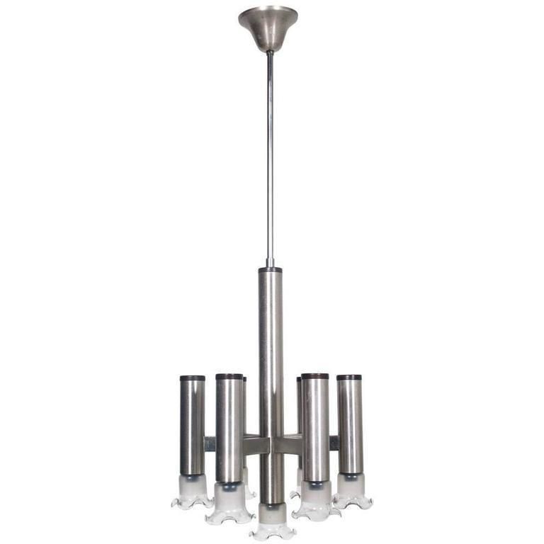 1970s Chandelier In Chromed Steel And Murano Glass By Gaetano Sciolari