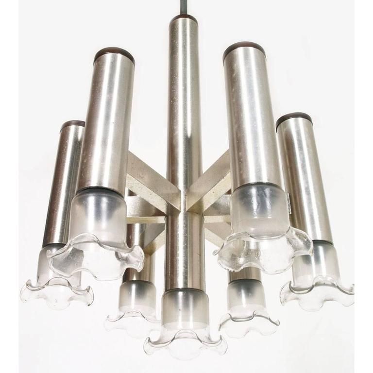 1970s Chandelier In Chromed Steel And Murano Glass By Gaetano Sciolari photo Lighting