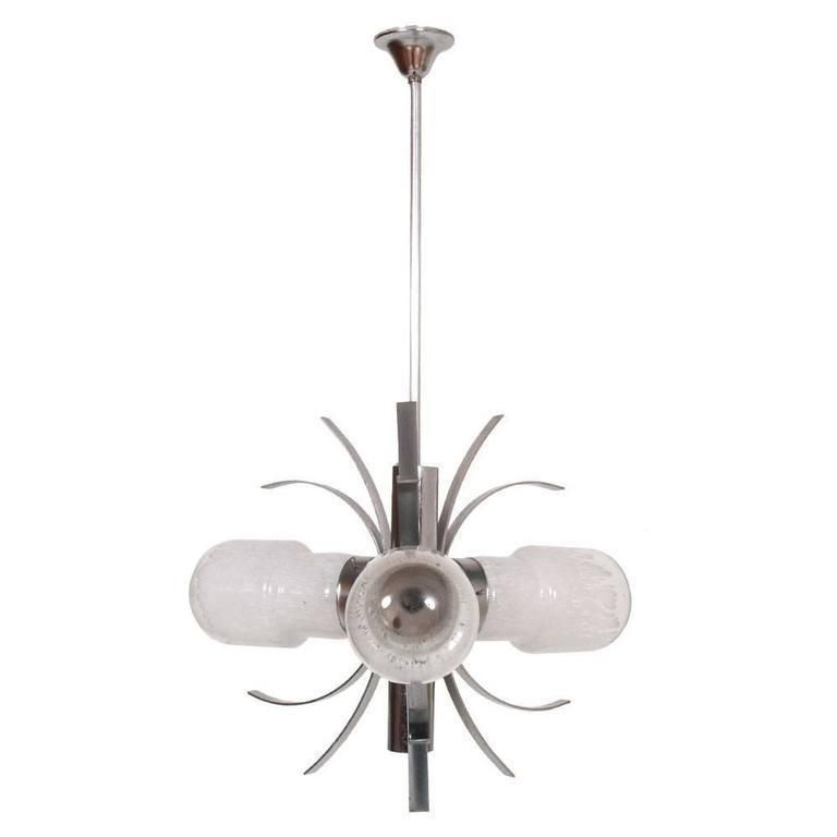1970s Chandelier Three Lights In Steel And Murano Glass. Explosion By Mazzega