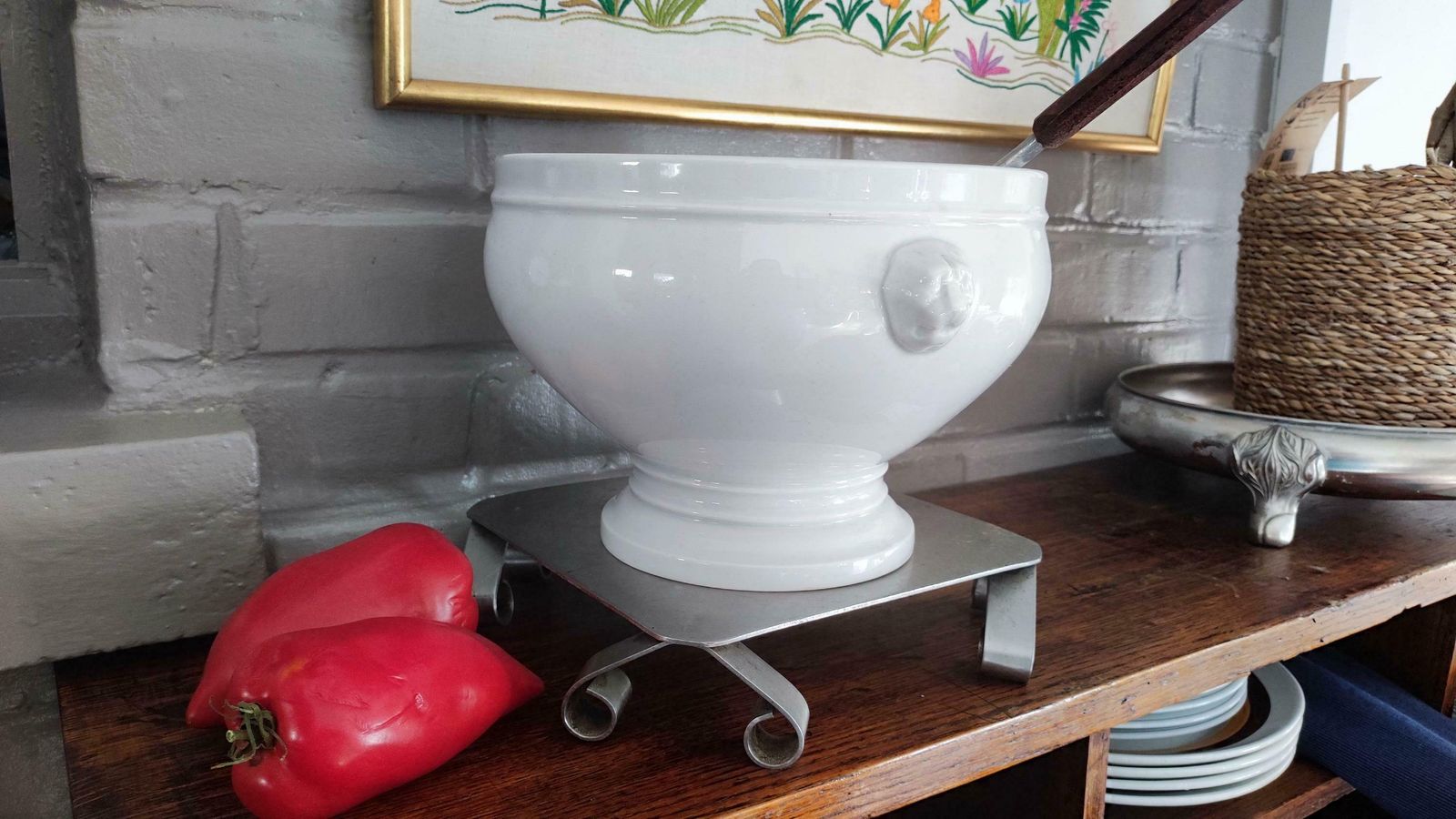 Vintage Pillivuyt Lion Head Soup Tureen, White Porcelain Pedestal Soup Dish, French Bistro