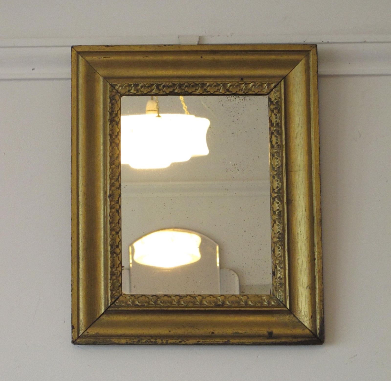 Antique, Arts And Crafts, Rectangular Oak Framed Mirror. Worn Gold Paint   Ready To Hang With New Chain.