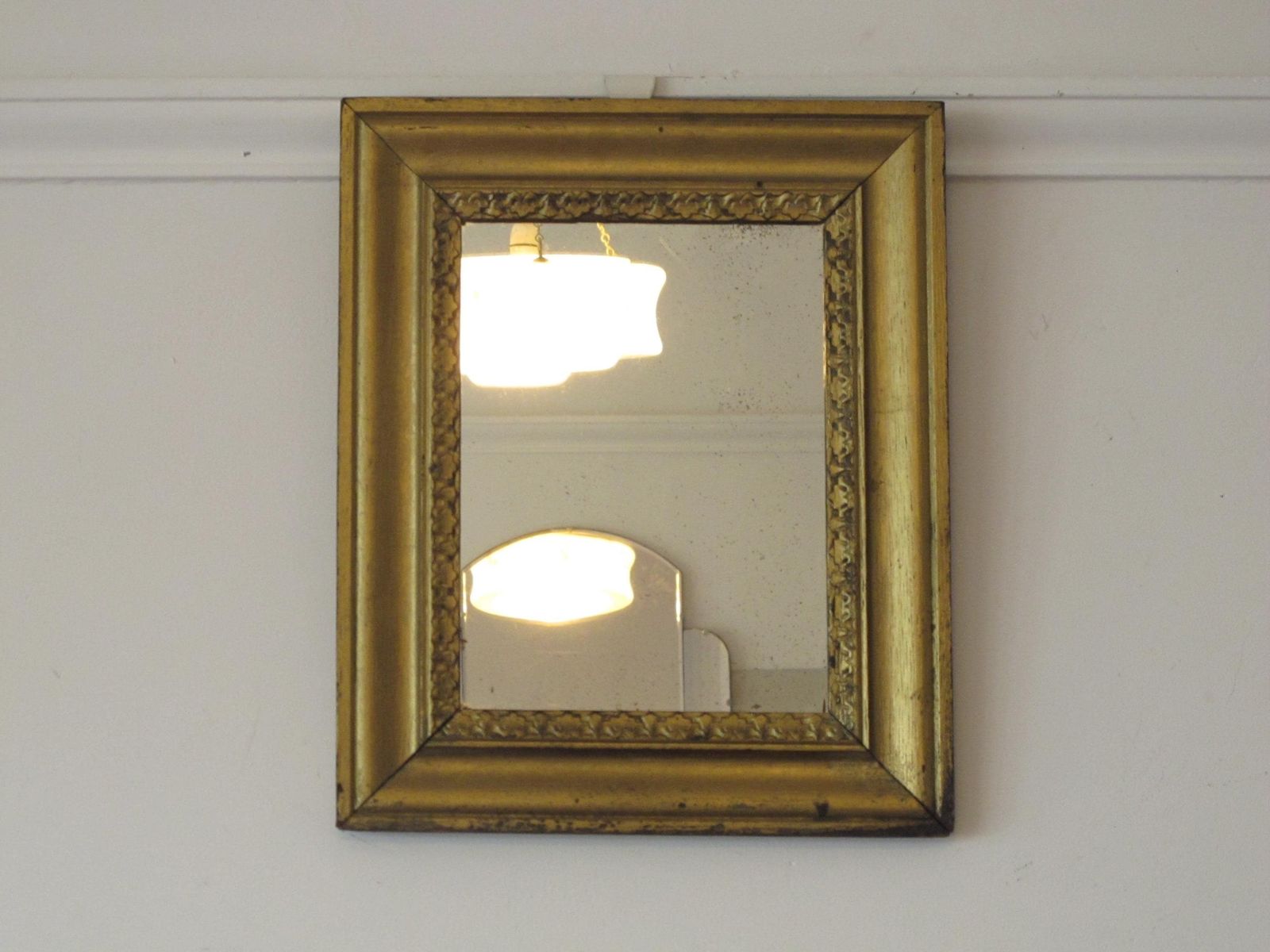 Antique, Arts And Crafts, Rectangular Oak Framed Mirror. Worn Gold Paint   Ready To Hang With New Chain. photo furniture