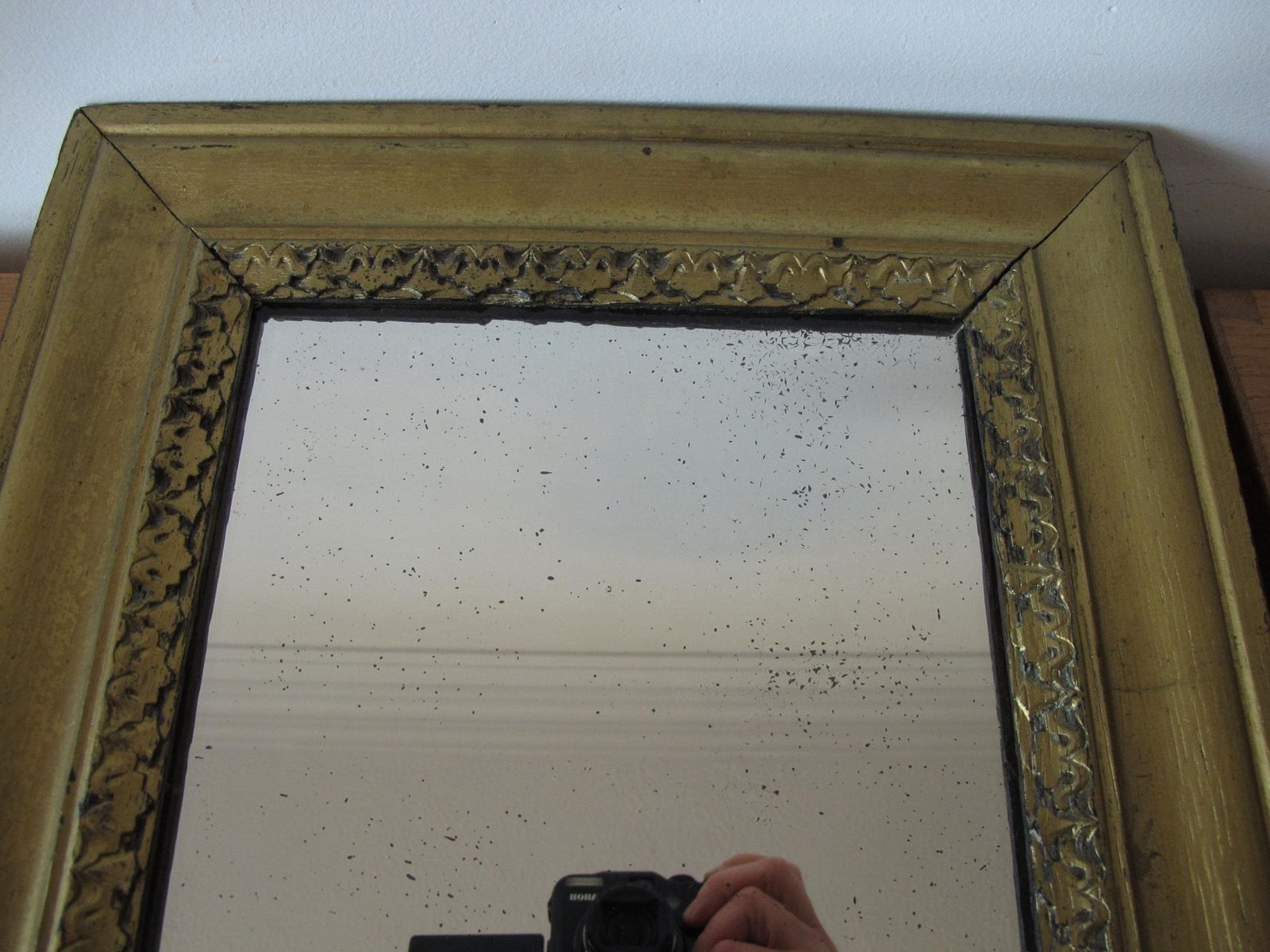 Antique, Arts And Crafts, Rectangular Oak Framed Mirror. Worn Gold Paint   Ready To Hang With New Chain. photo 90.0