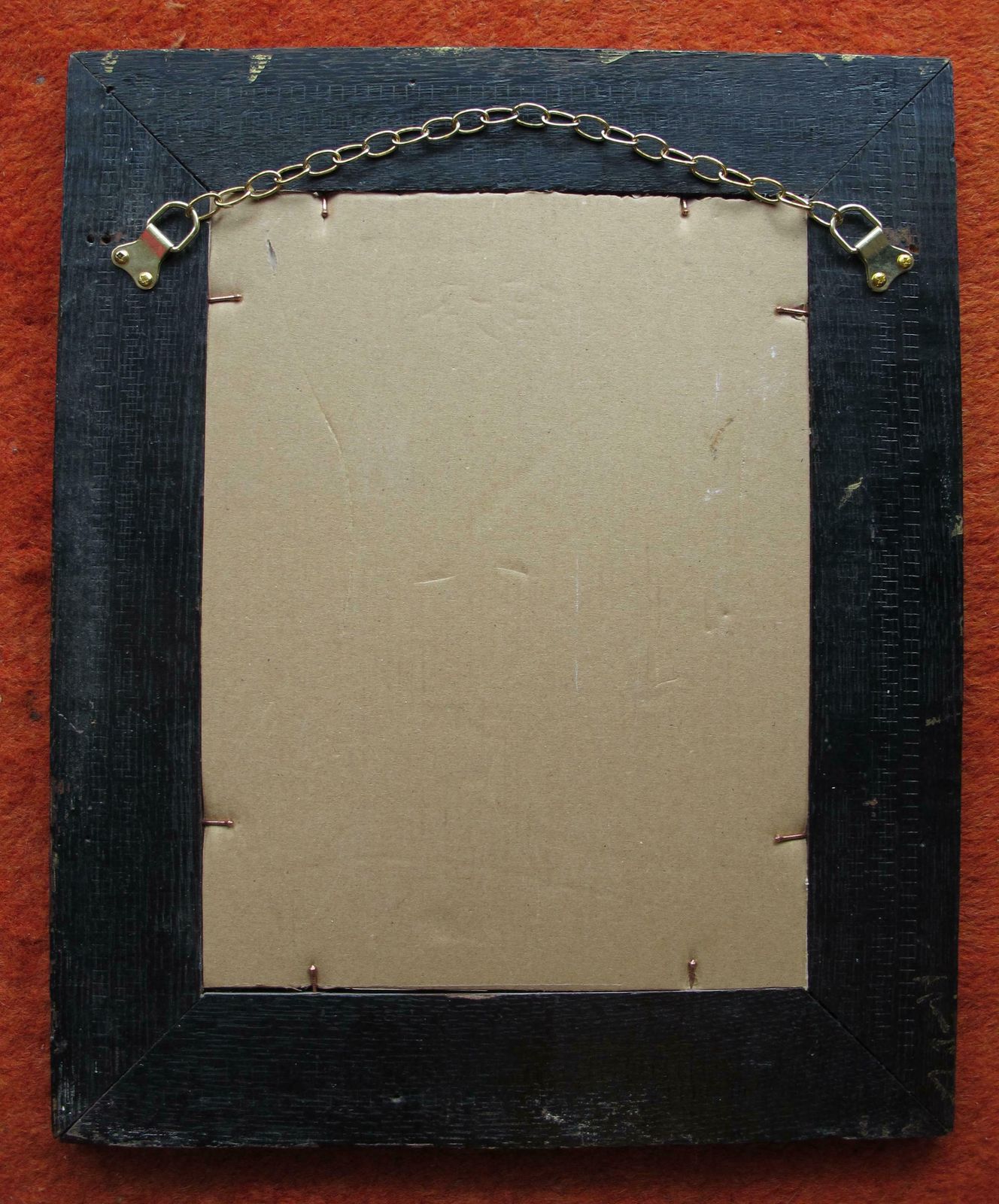 photo for sale Antique, Arts And Crafts, Rectangular Oak Framed Mirror. Worn Gold Paint   Ready To Hang With New Chain.